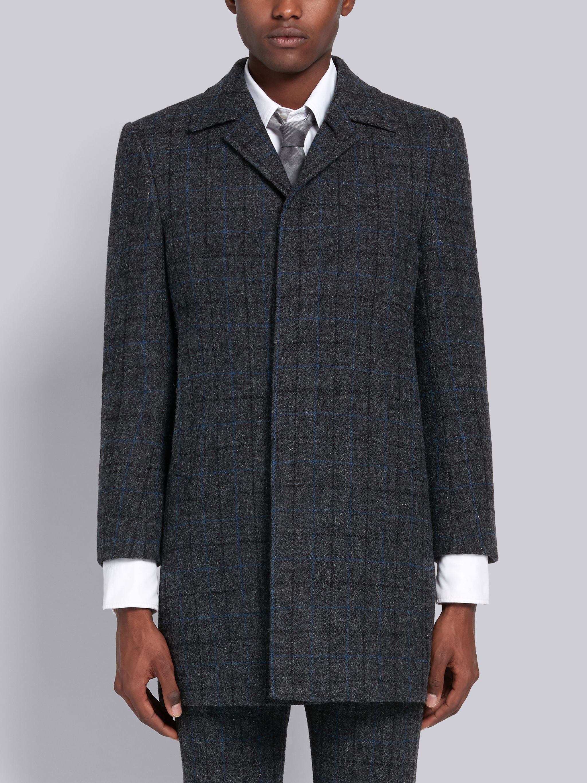 Dark Grey Wool Tattersall Check Classic Bal Collar Overcoat - 1