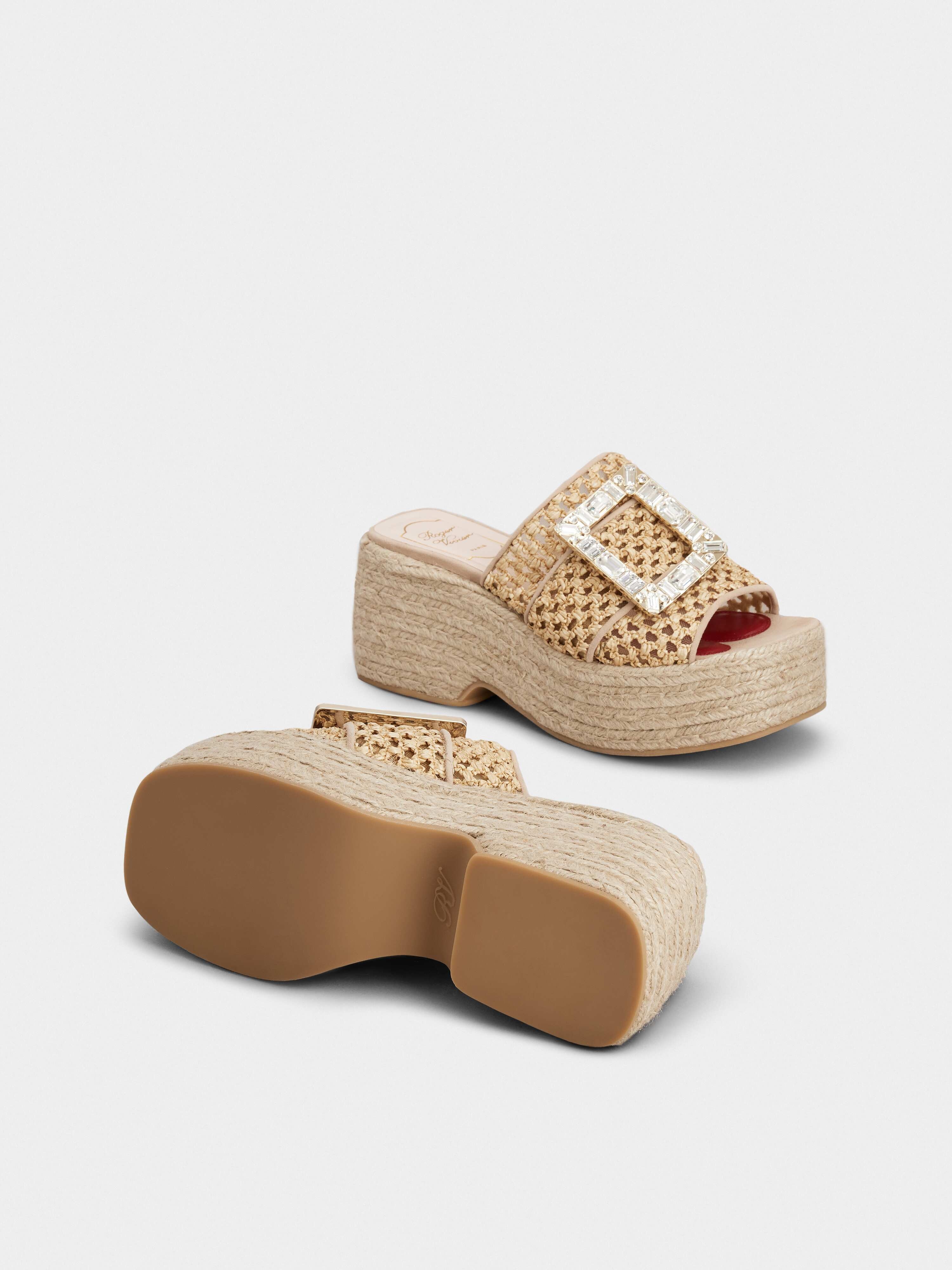 Rhinestone Buckle Espadrille Platform Mules in Raffia - 5