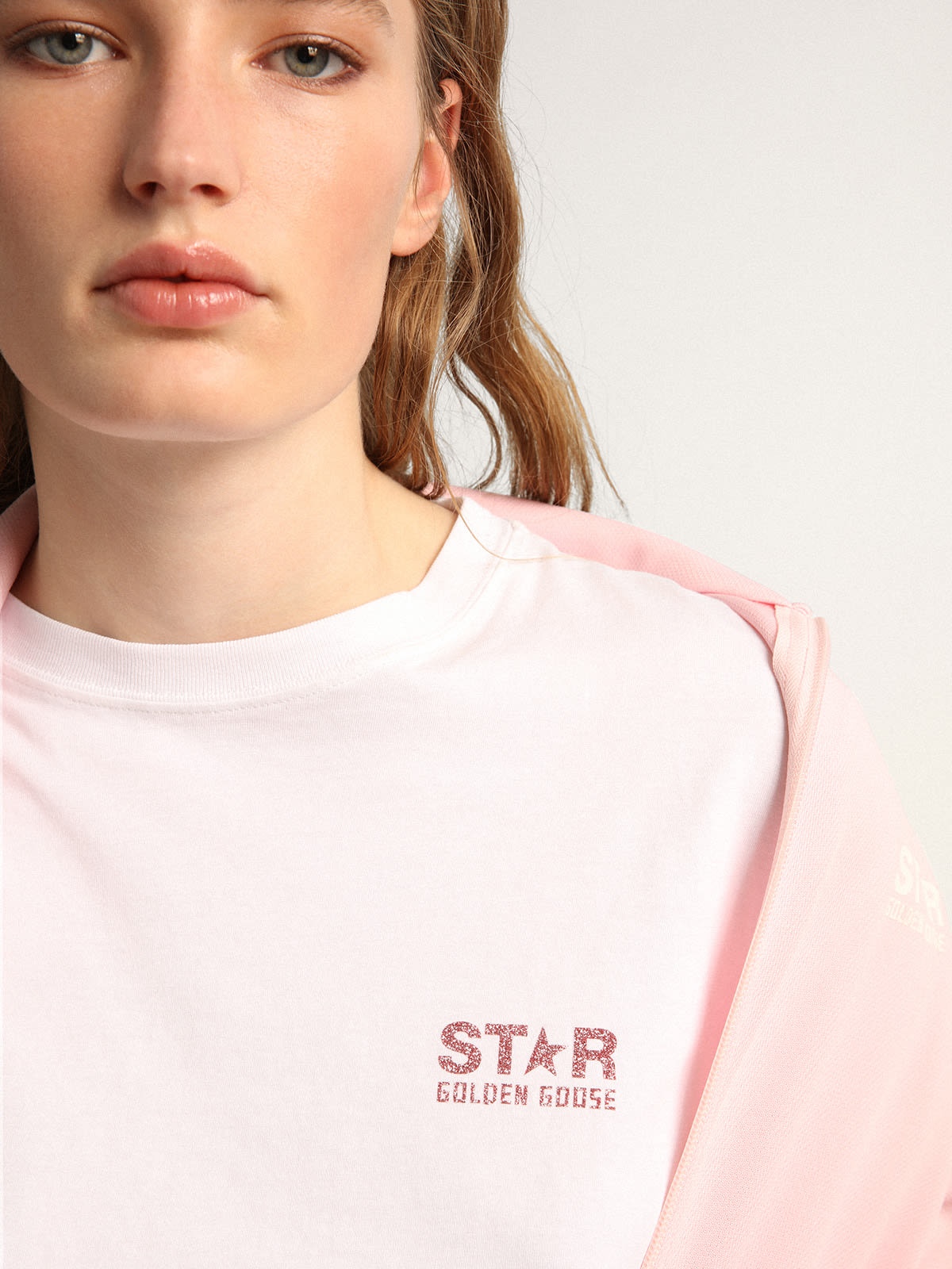 Women's white T-shirt with pink glitter logo and star - 2
