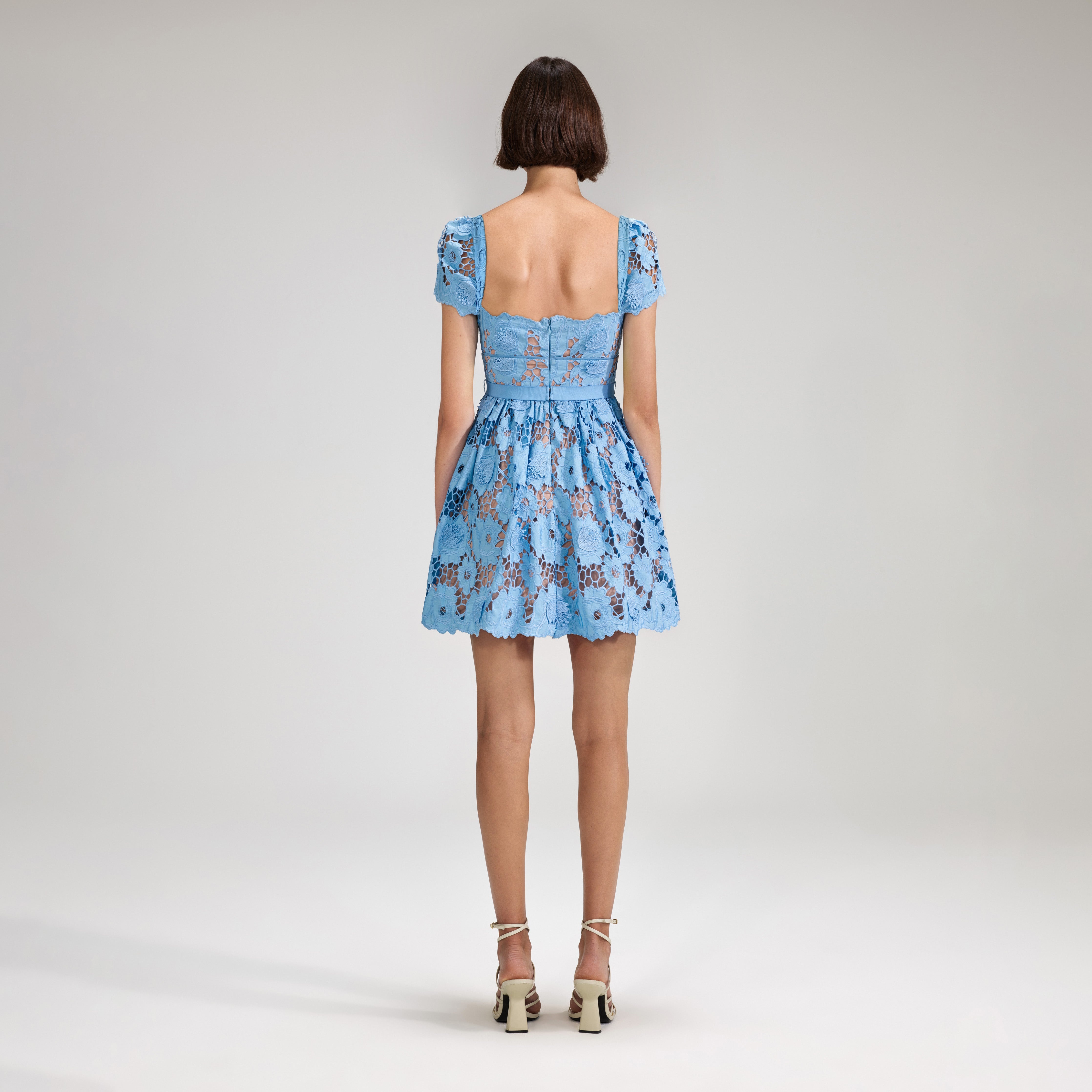 Blue 3D Cotton Lace Mini Dress - 3