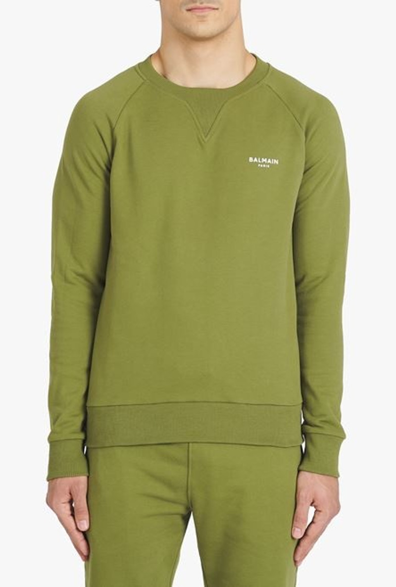Light khaki eco-designed cotton sweatshirt with small flocked white Balmain Paris logo 5
