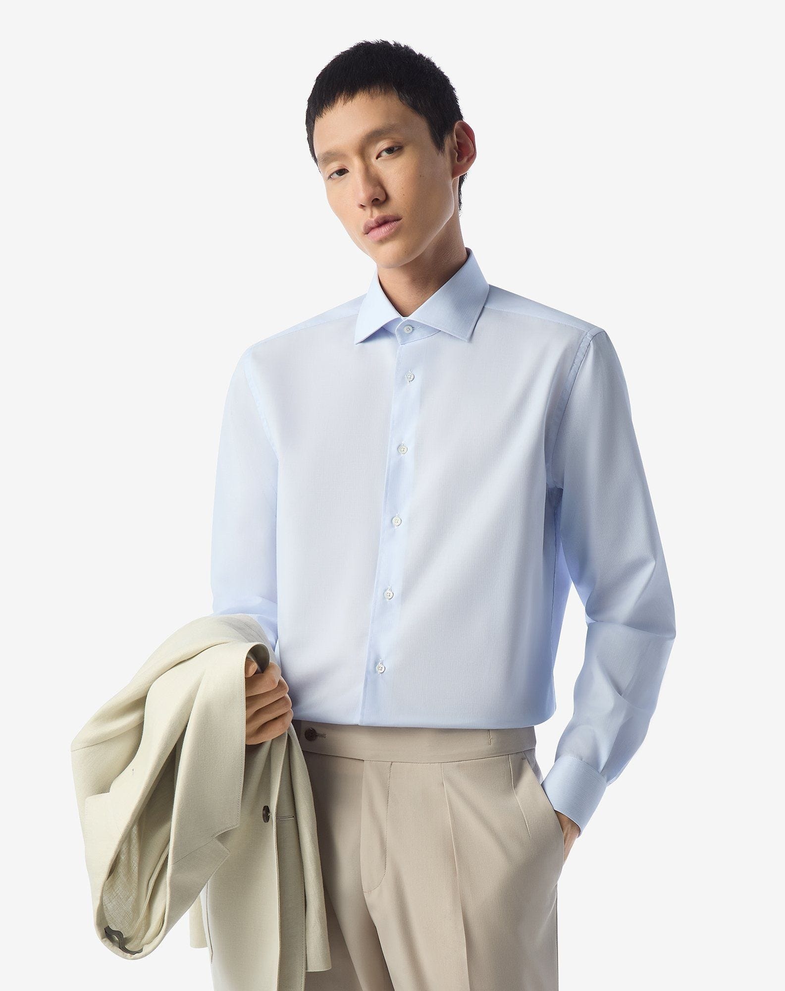 Wrinkle-free cotton shirt with light blue and white micro stripes - 2