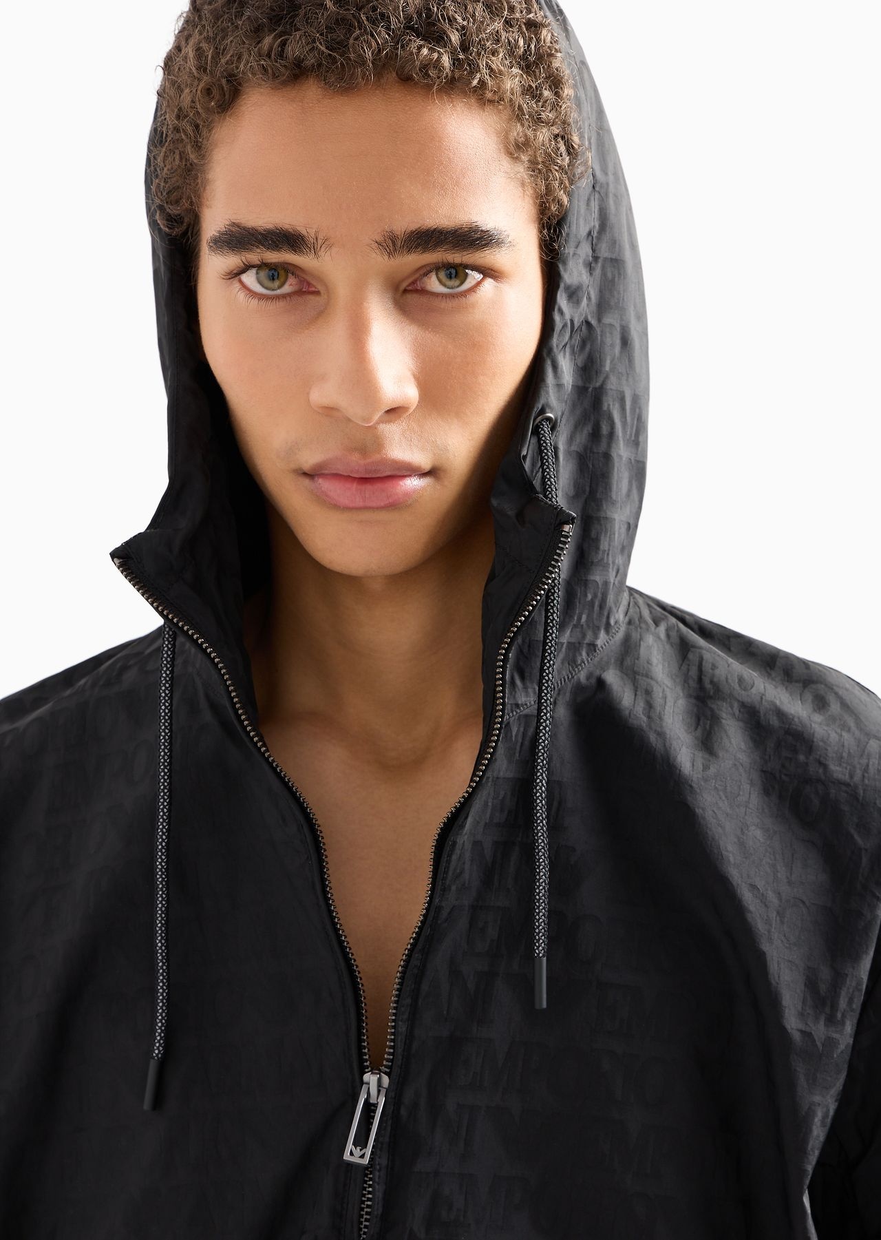 Lightweight nylon, hooded zip-up blouson with all-over jacquard lettering - 5