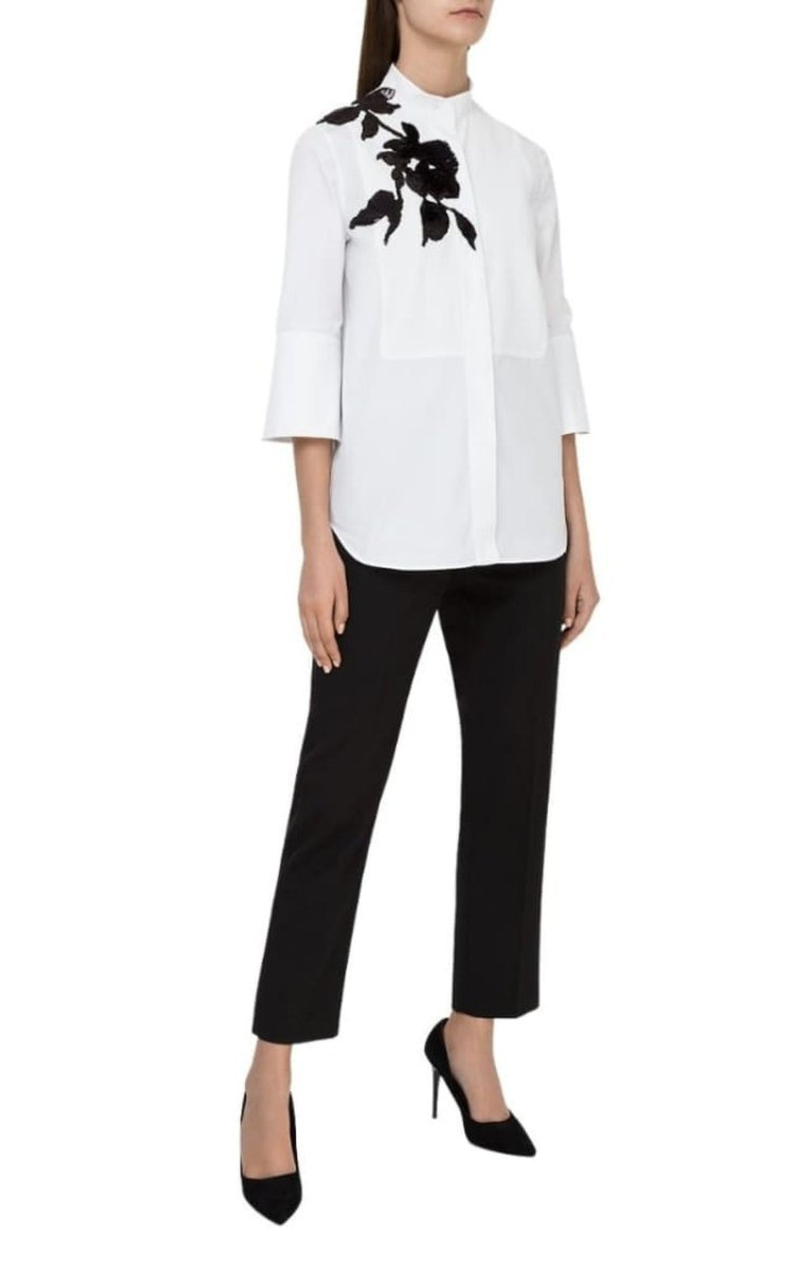 White Floral Embroidery Cotton Shirt with Tie - 2