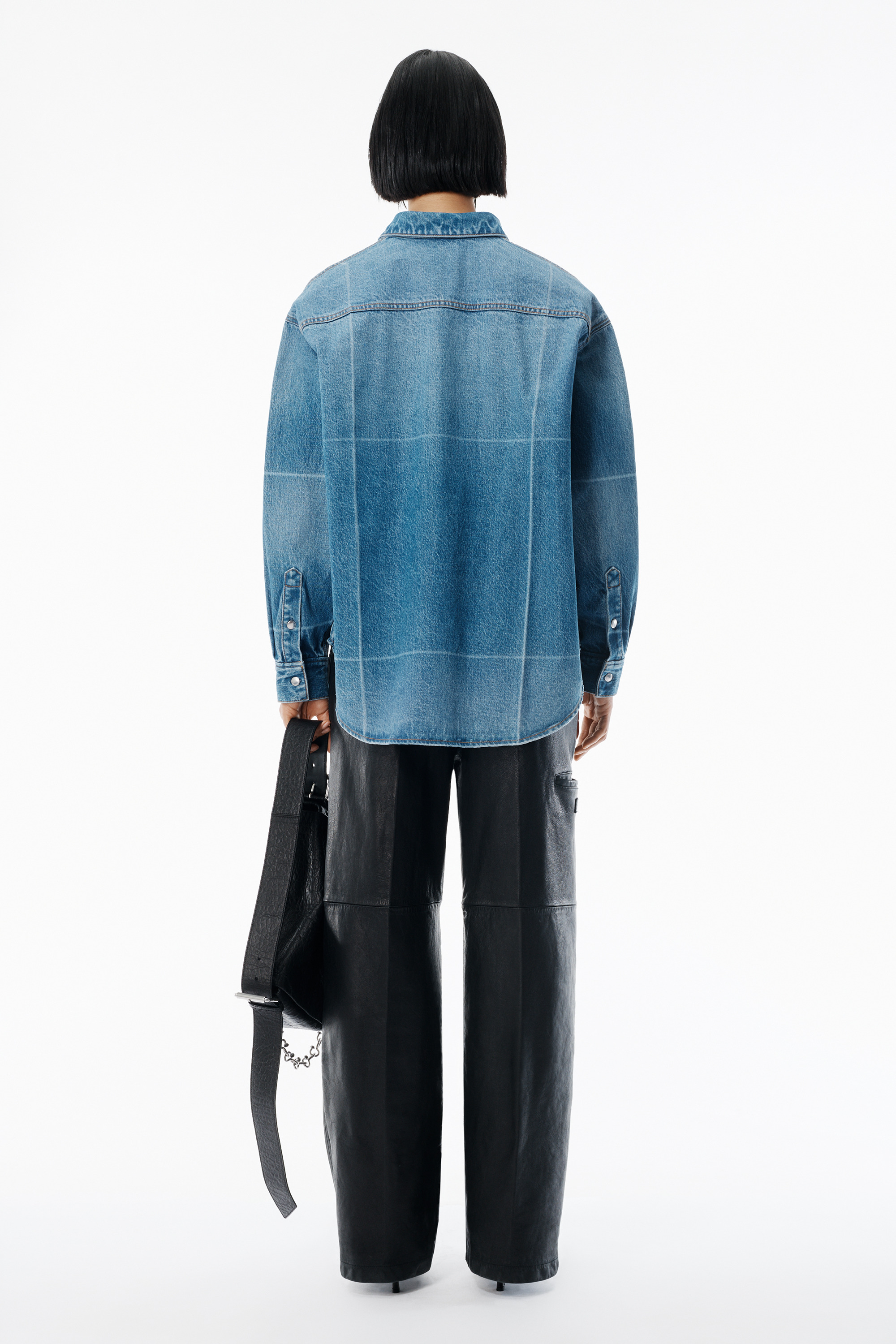 Vintage-Effect Marbled Blue Denim Foldline Shirt - 4