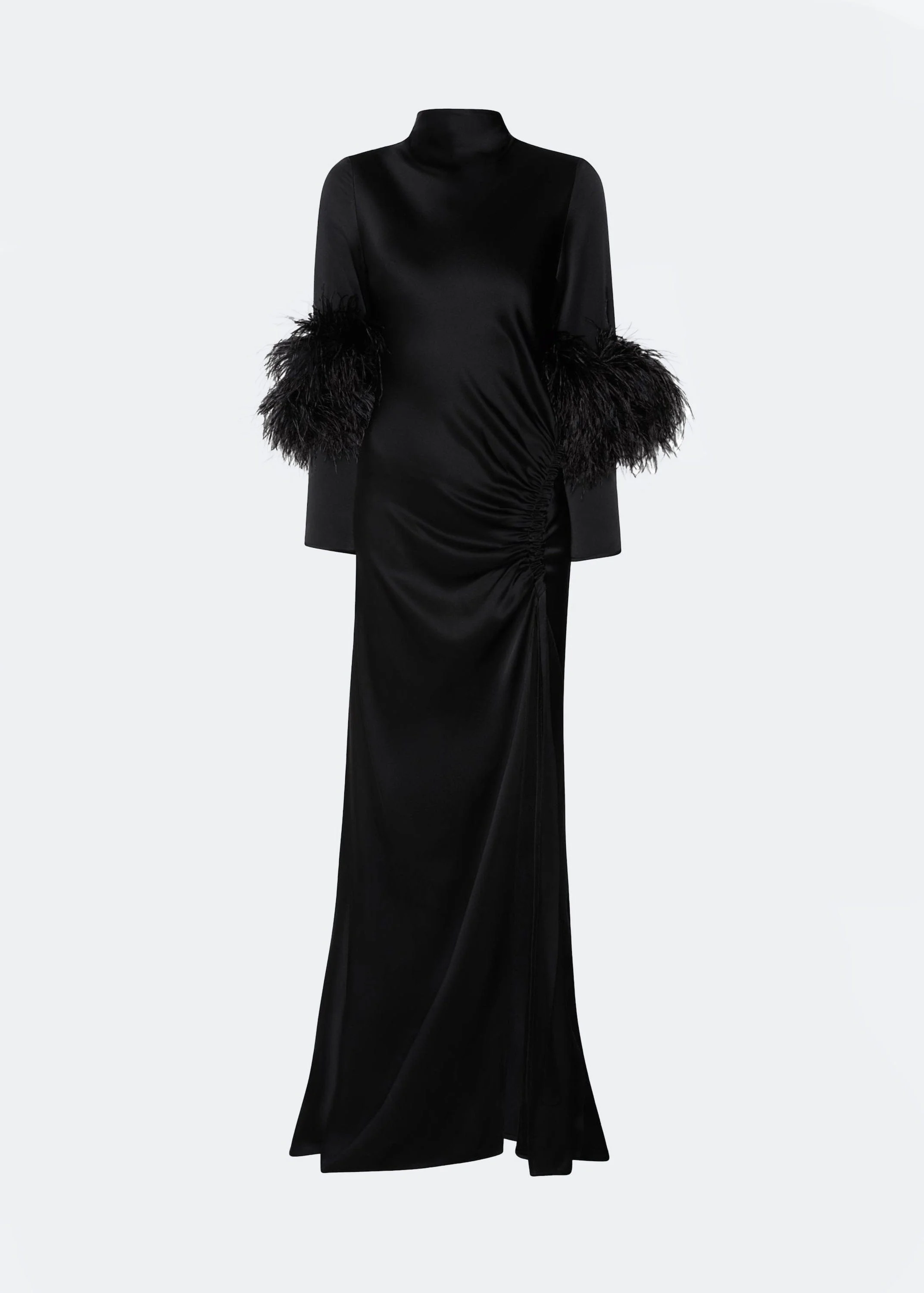 Satin Tab Gown With Feathers - 1