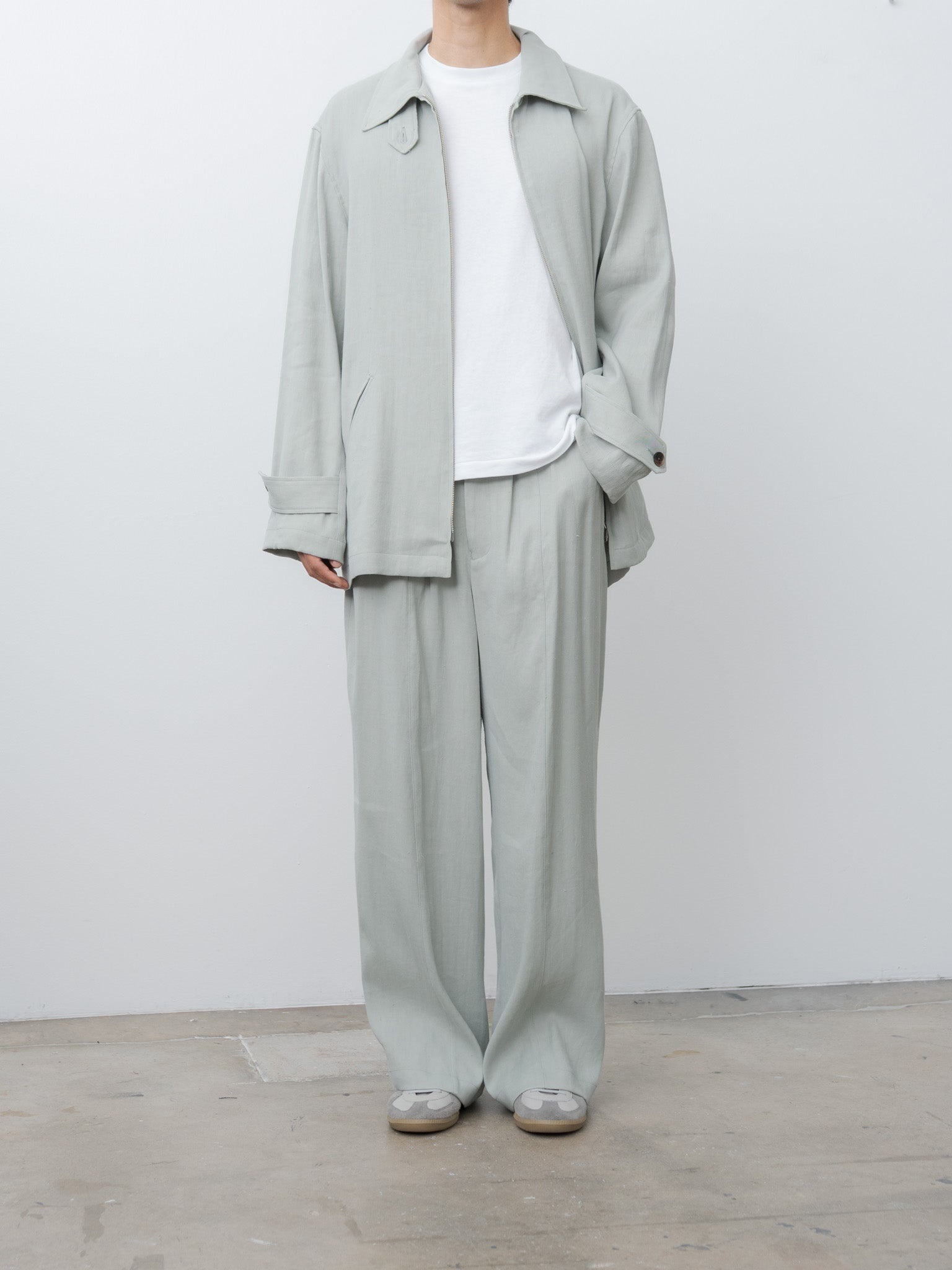 Linen Acetate Front Gather Wide Trousers - Mist Green - 2