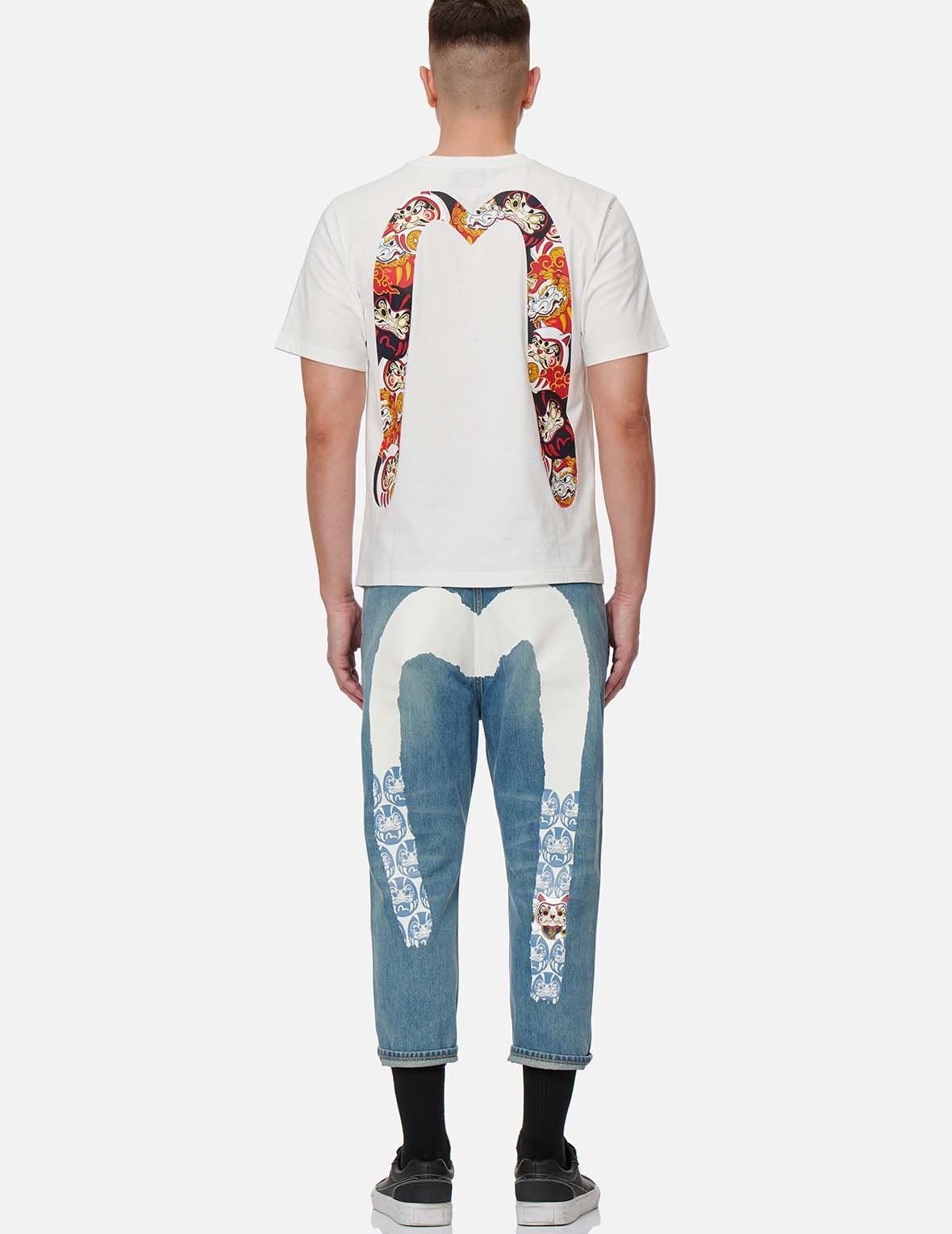 FORTUNE CAT AND DARUMA DAICOCK PRINT CROPPED FIT JEANS #2027 - 5