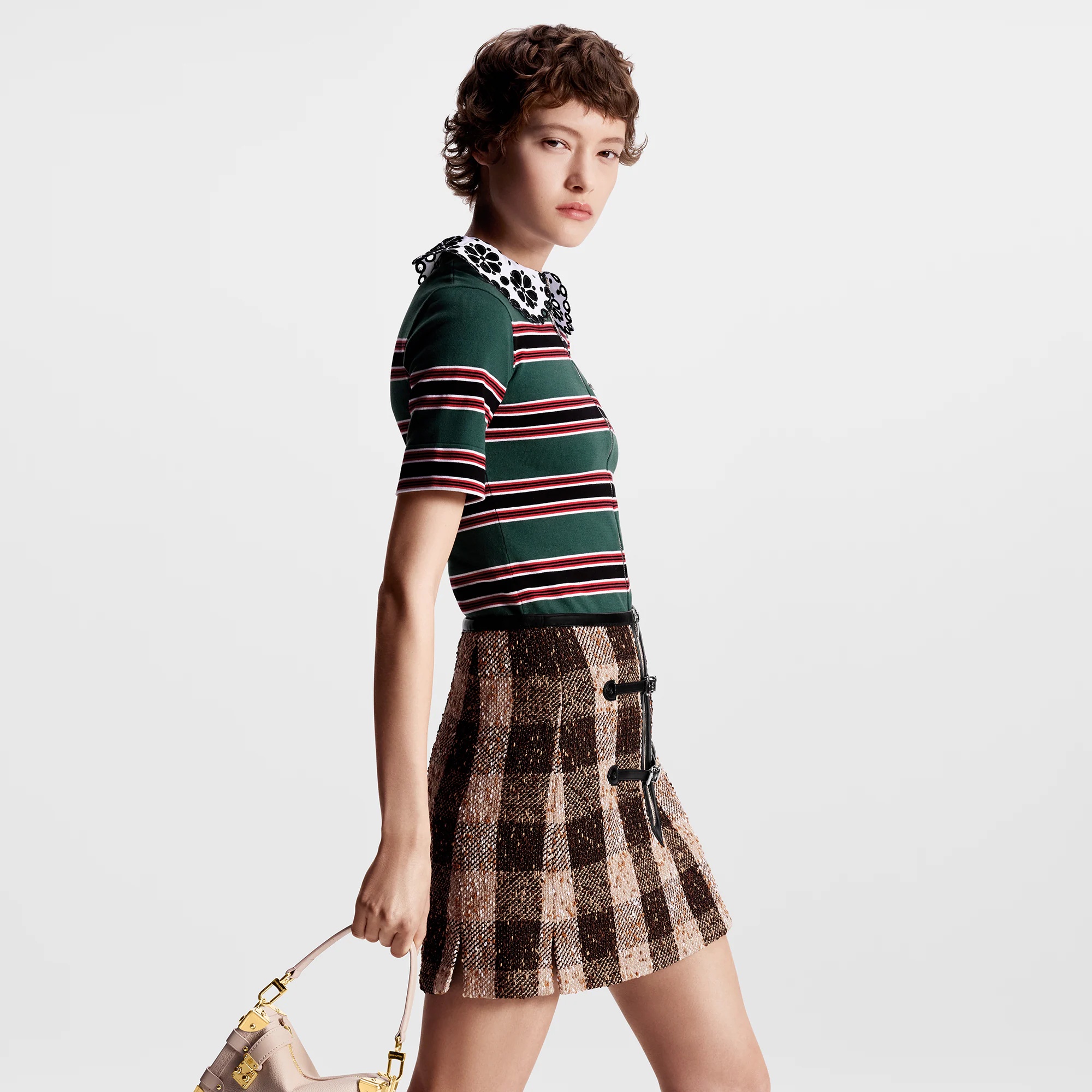 Leather Accent Check Tweed Skirt - 5