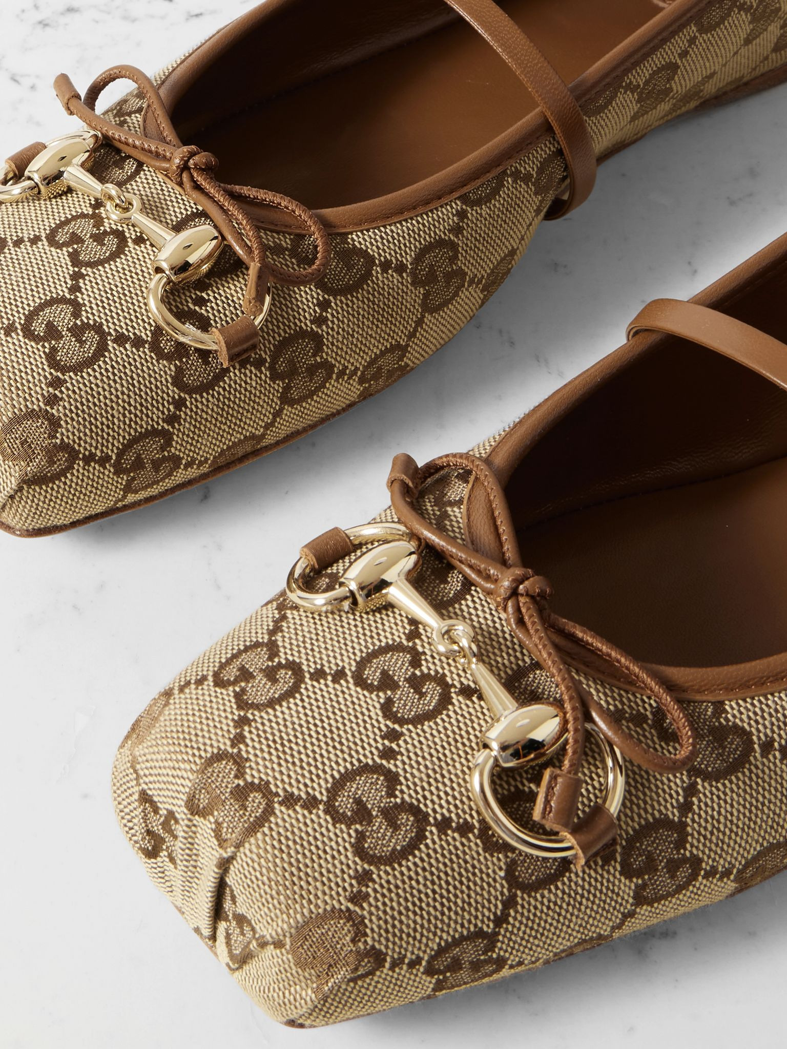 Horsebit-detailed leather-trimmed canvas-jacquard ballet flat Beige - 4