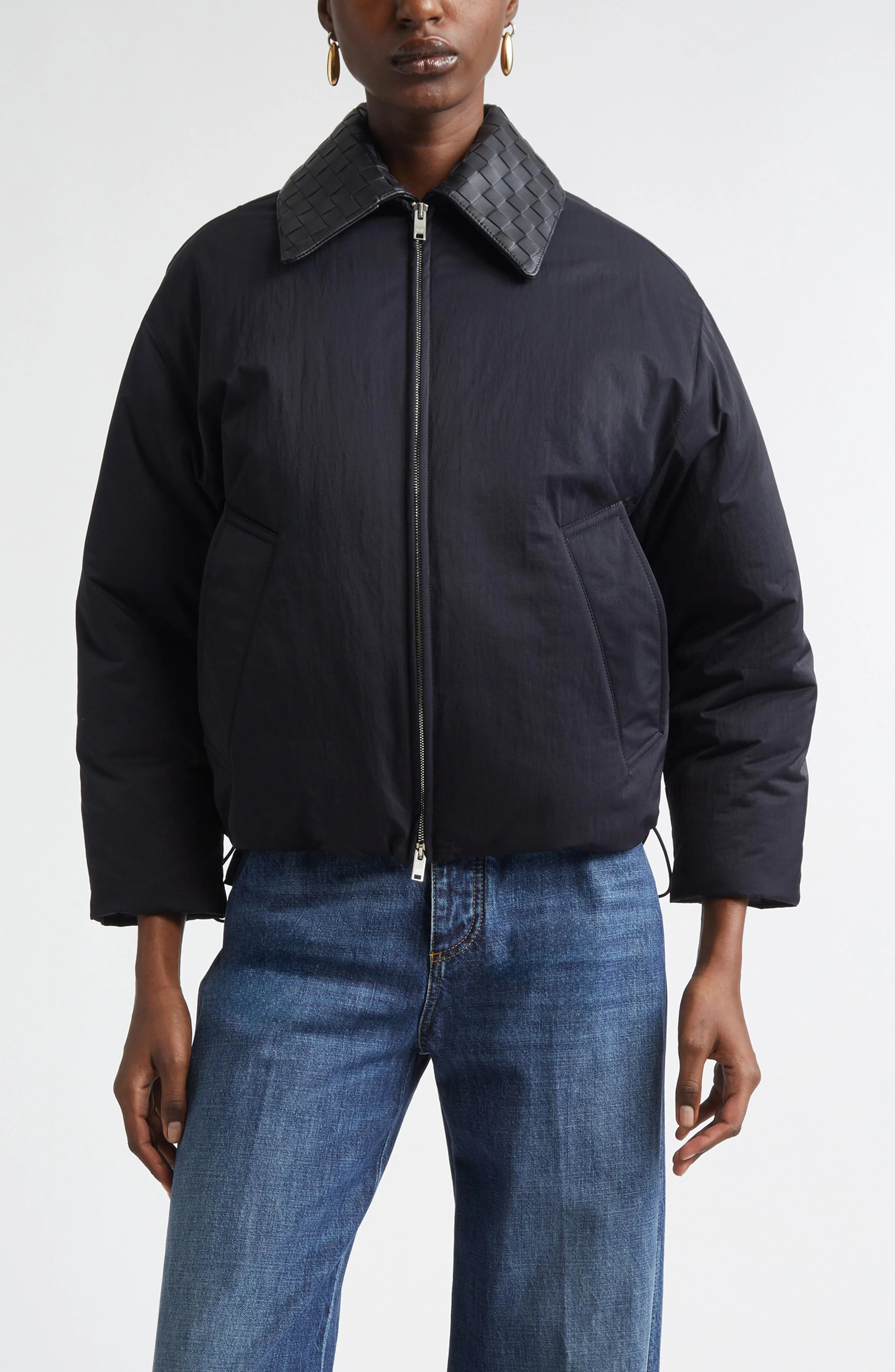 Bottega Veneta Intrecciato Leather Collar Tech Nylon Puffer Jacket in 1000 Black at Nordstrom - 1