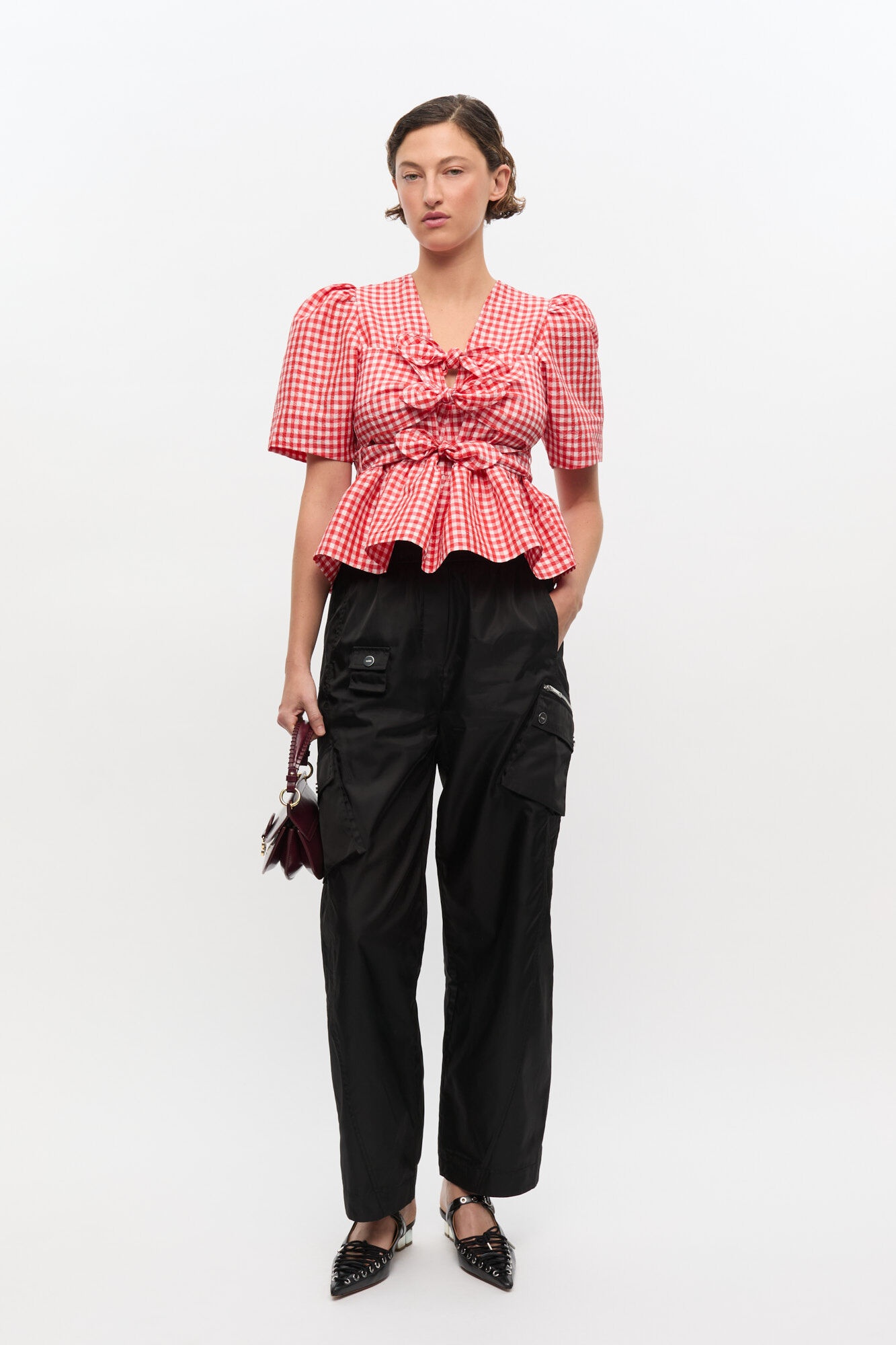 RED CRINKLED CHECK TAFFETA BLOUSE - 3