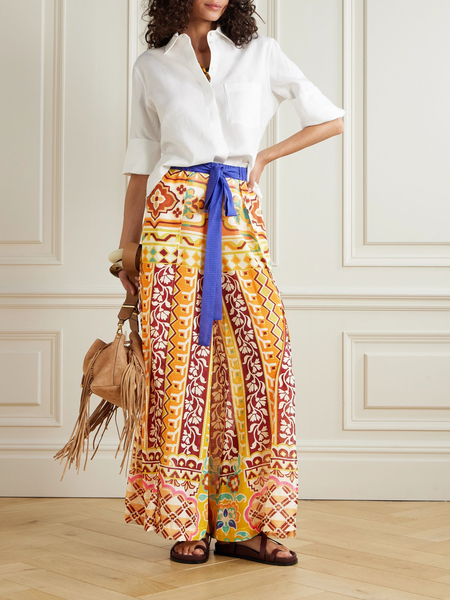 Belted printed satin-jacquard wide-leg pants Multi - 2