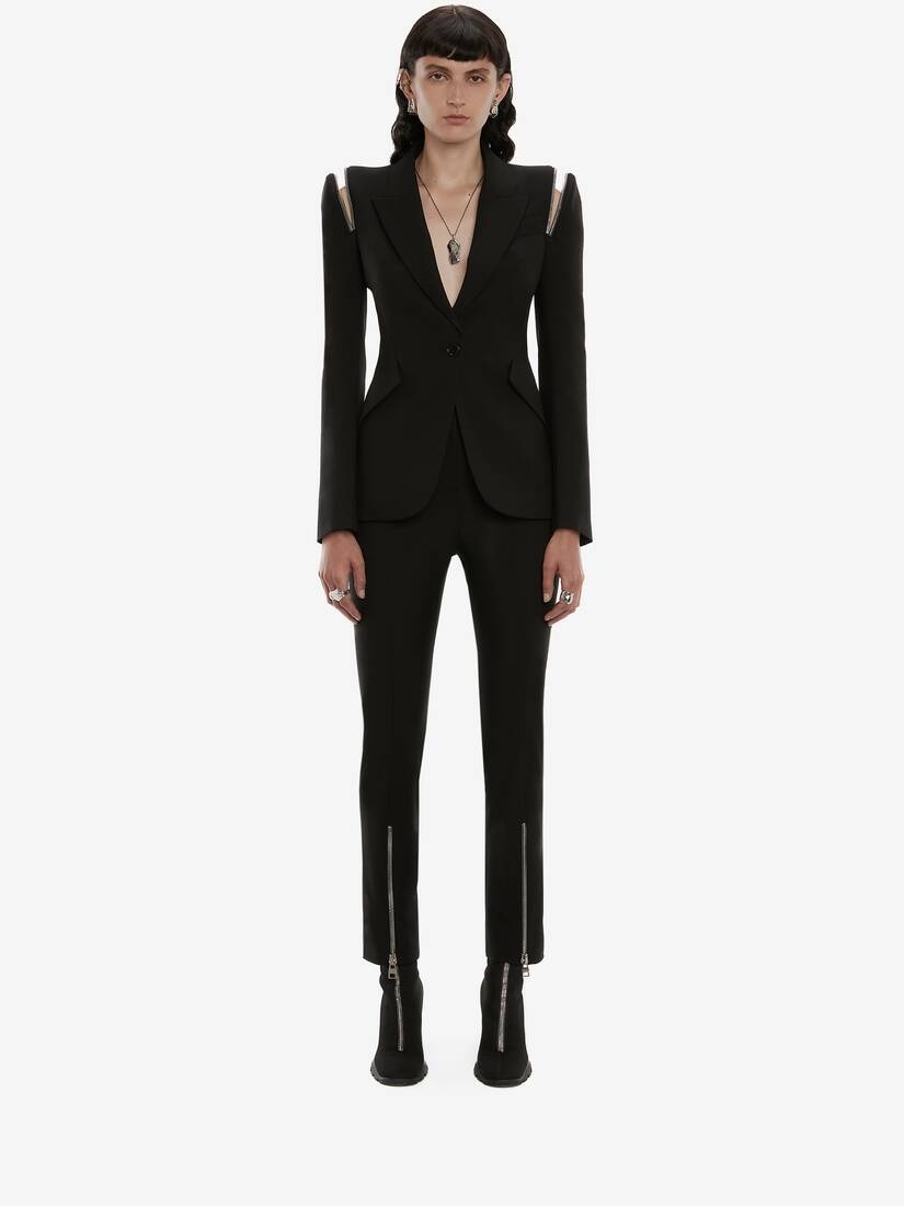 Zip Peak Shoulder Leaf Crepe Jacket in Black - 2