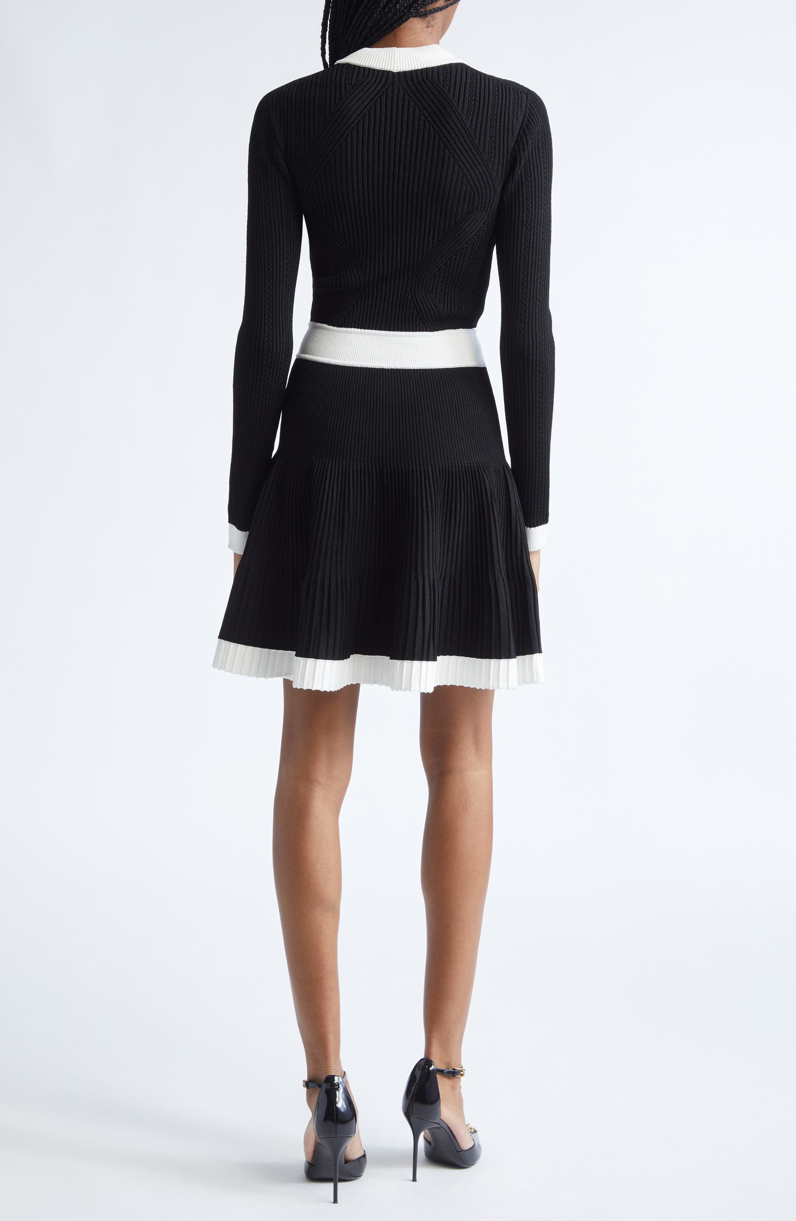 Balmain Colorblock Twisted Cable Long Sleeve Sweater Dress in Black/White at Nordstrom - 2