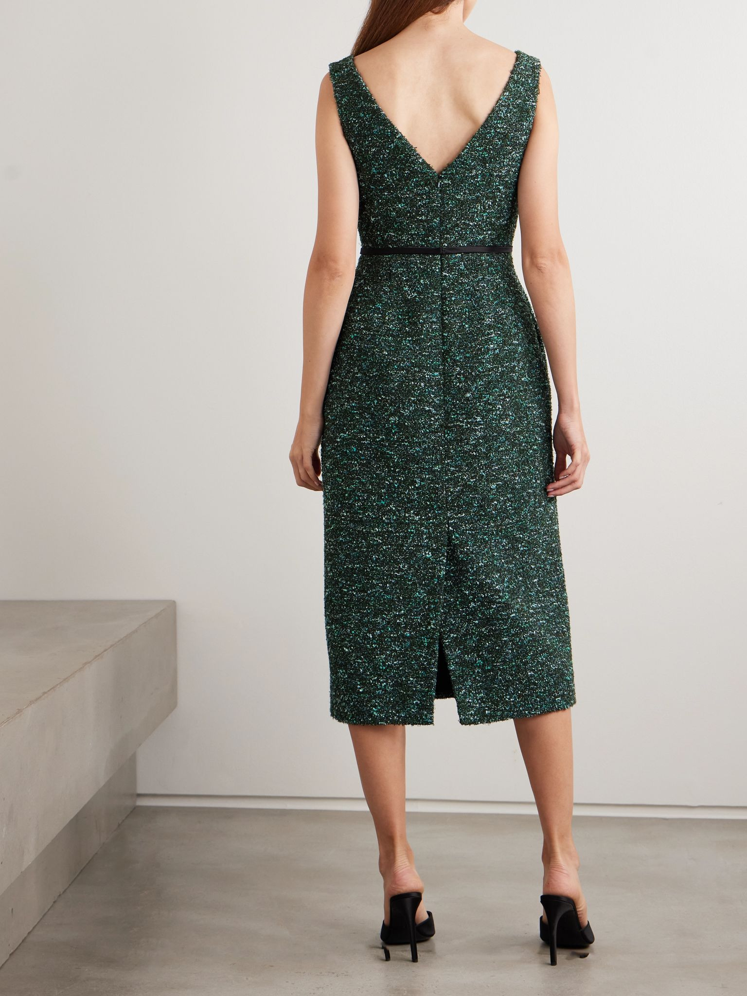 Bow-detailed bouclé-tweed midi dress Green - 3