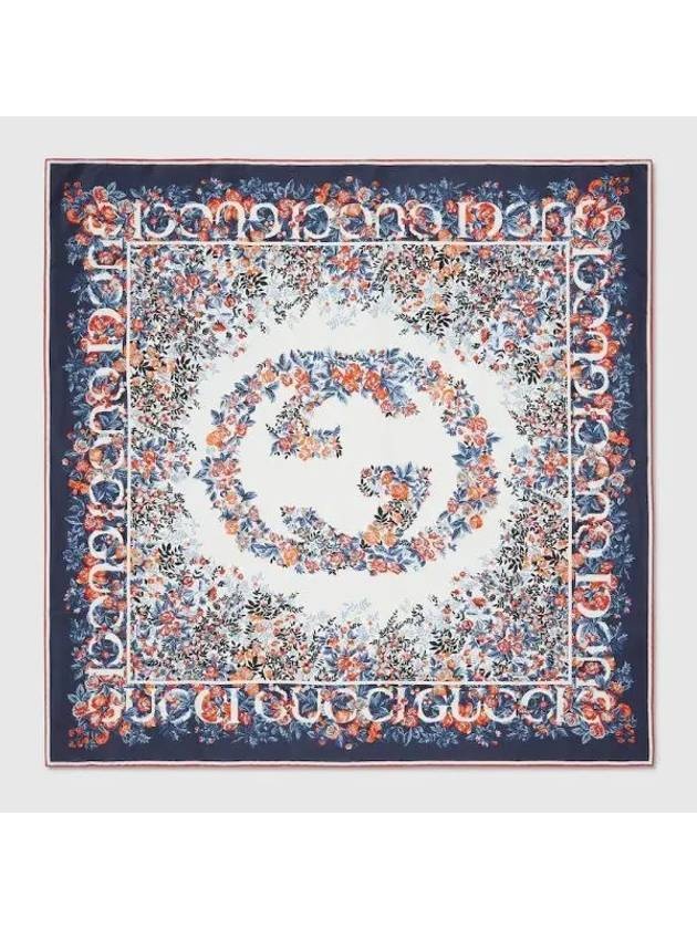 GUCCI Interlocking G Floral Print Silk Scarf Navy Red