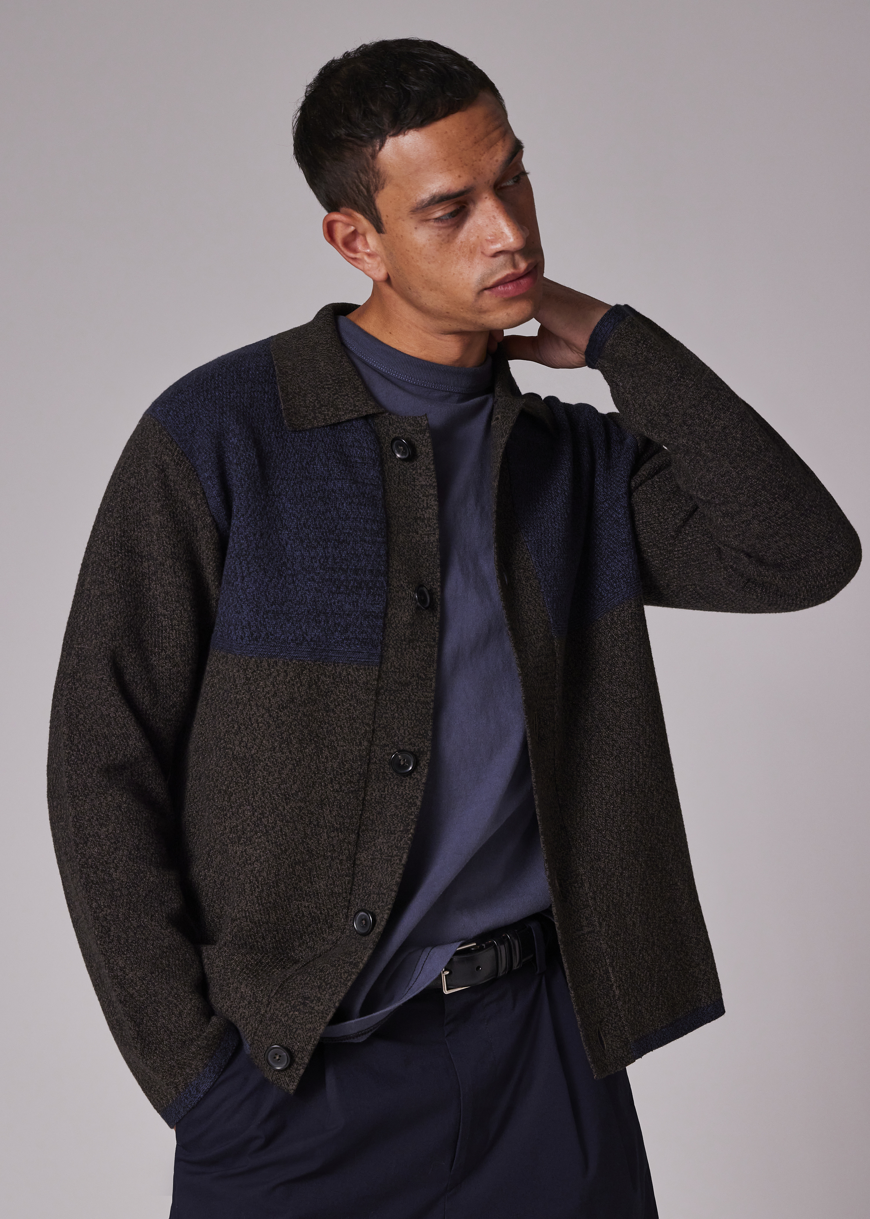 Dark Khaki and Navy Block Cotton-Wool Knit Cardigan - 5