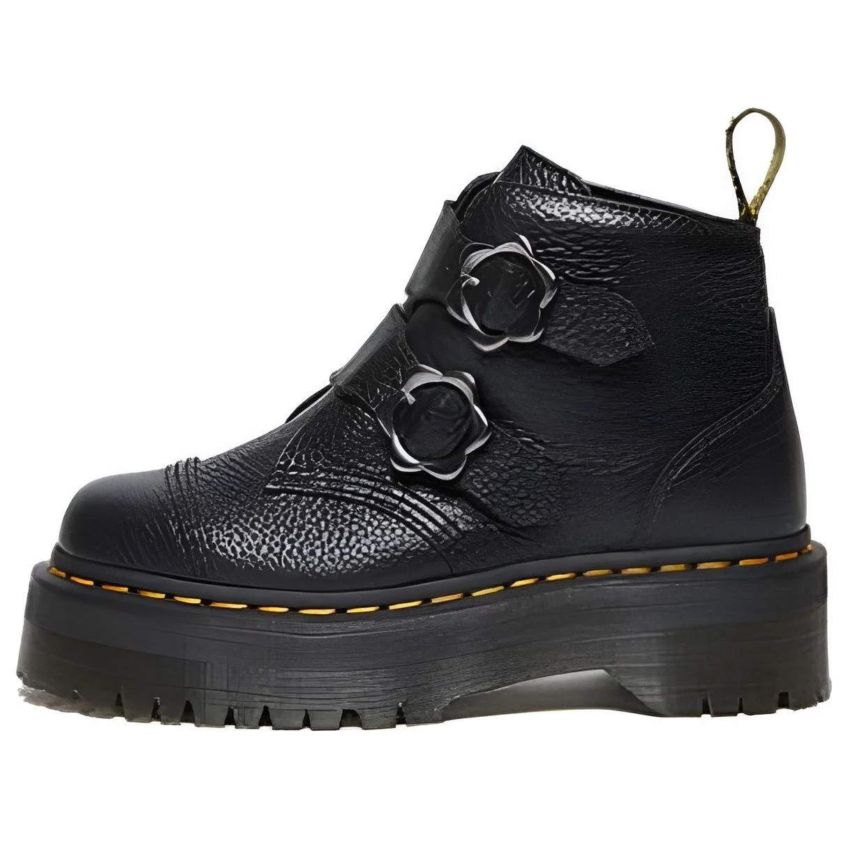 (WMNS) Dr. Martens Devon Flower Buckle Leather Platform Boots 'Black' 27642001 - 1