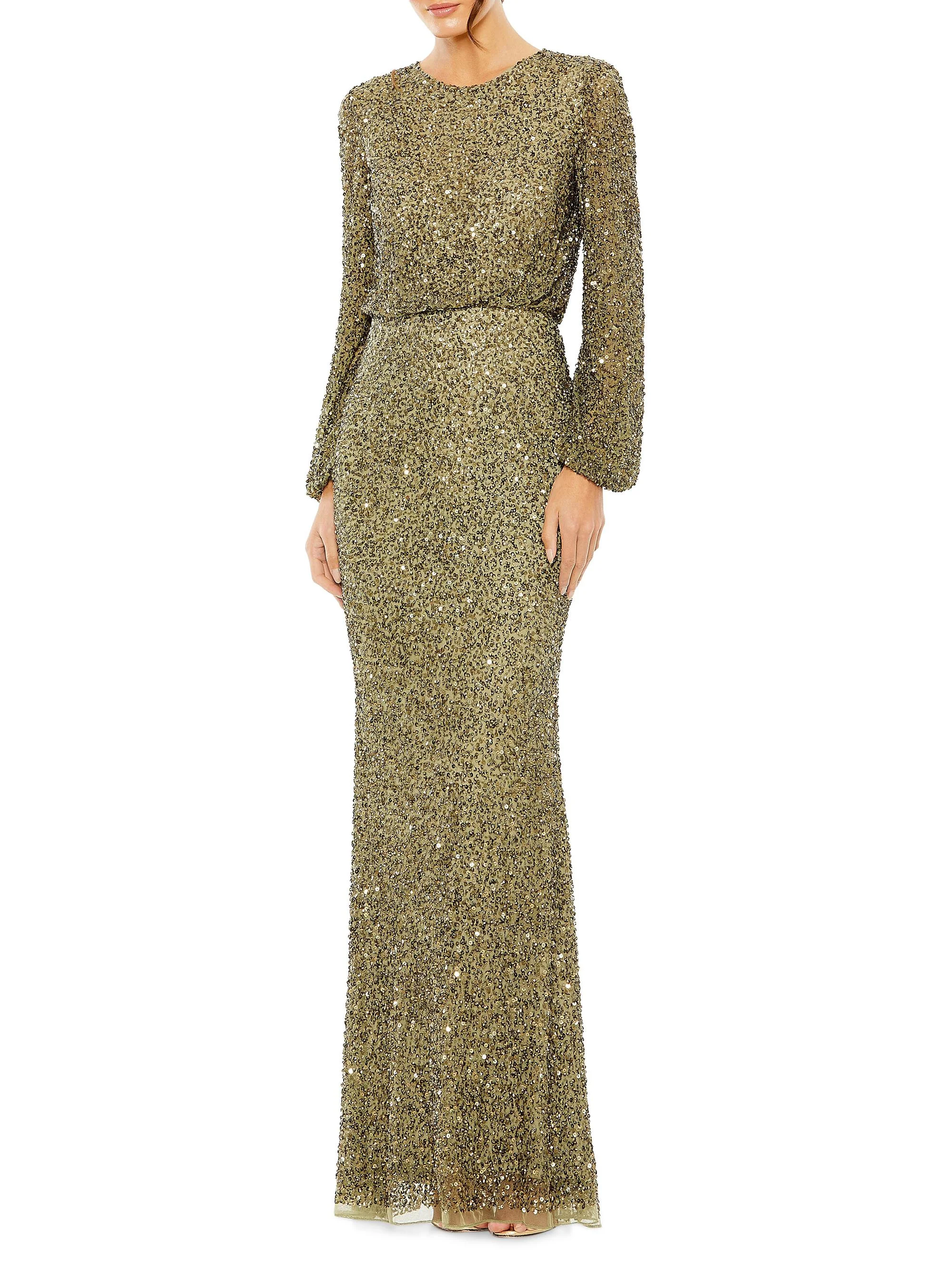 Women's Sequined Blouson Column Gown - Olive - 1
