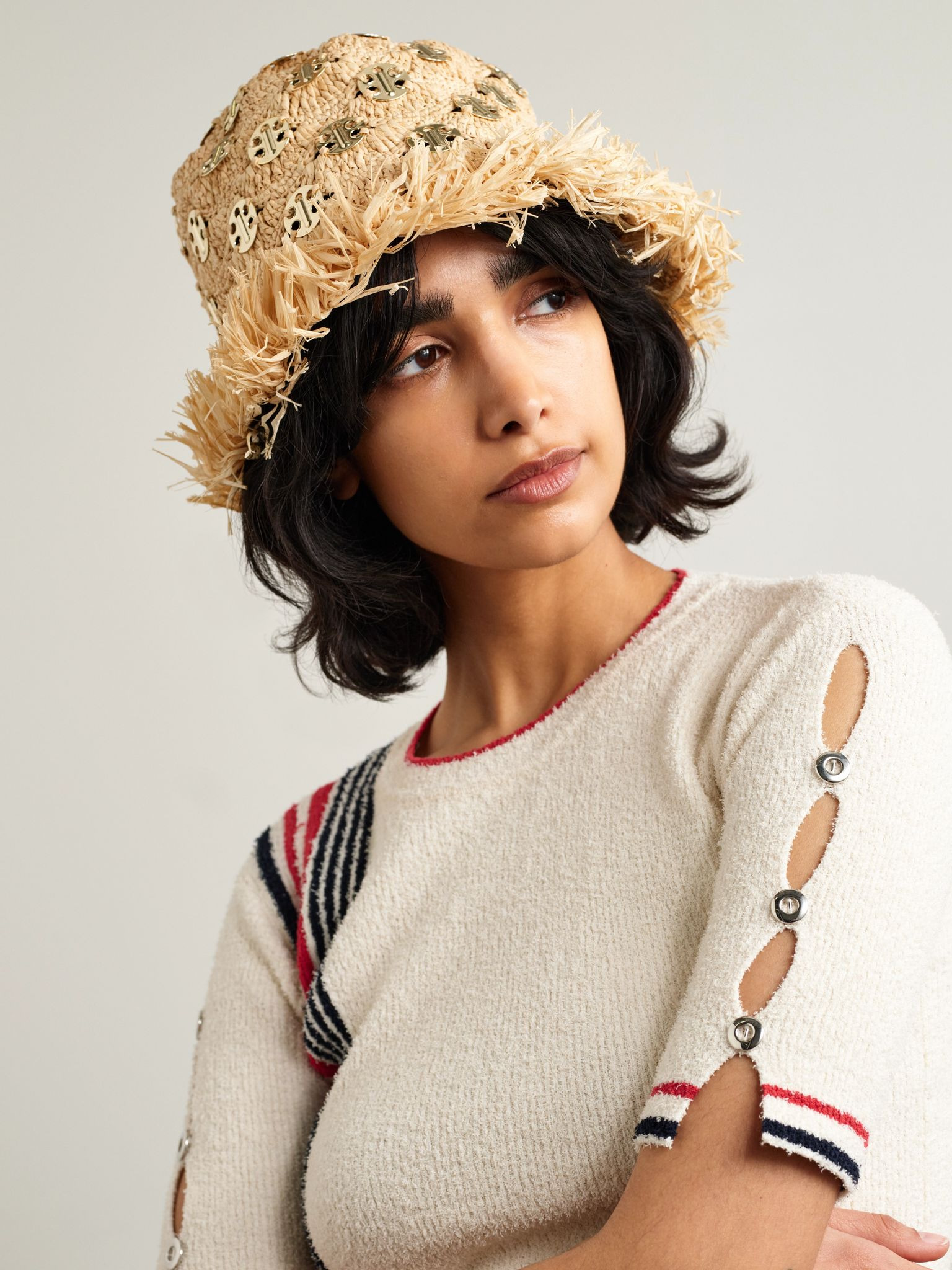 Fringed cutout chainmail-embellished raffia hat Gold - 2