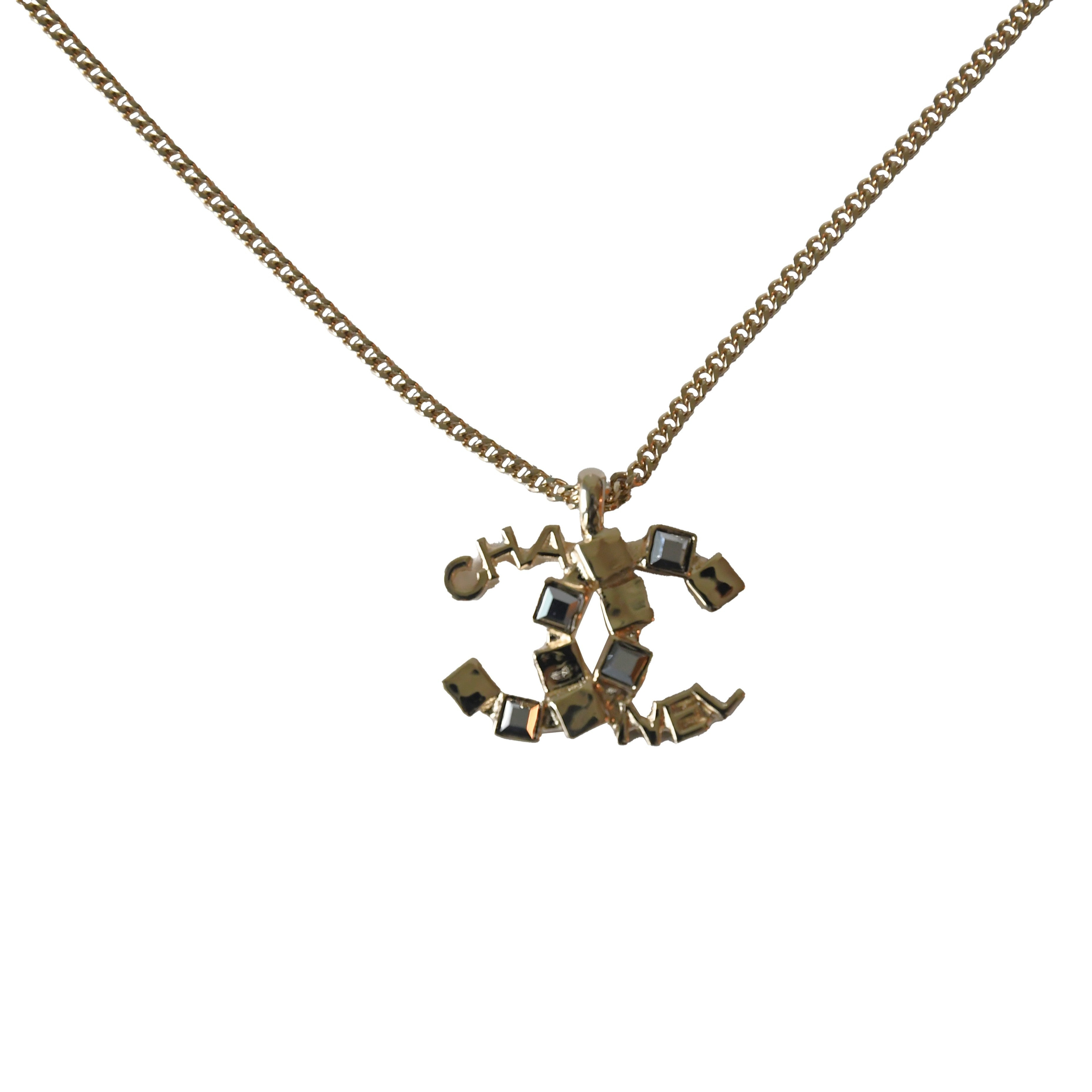 Chanel CC Logo With Square Crystal Strass Pendant Necklace Gold - 2