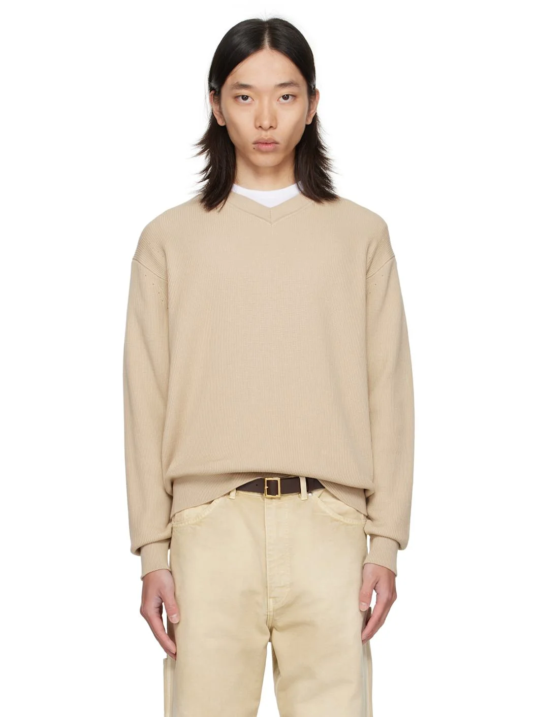 Beige V-Neck Sweater - 1