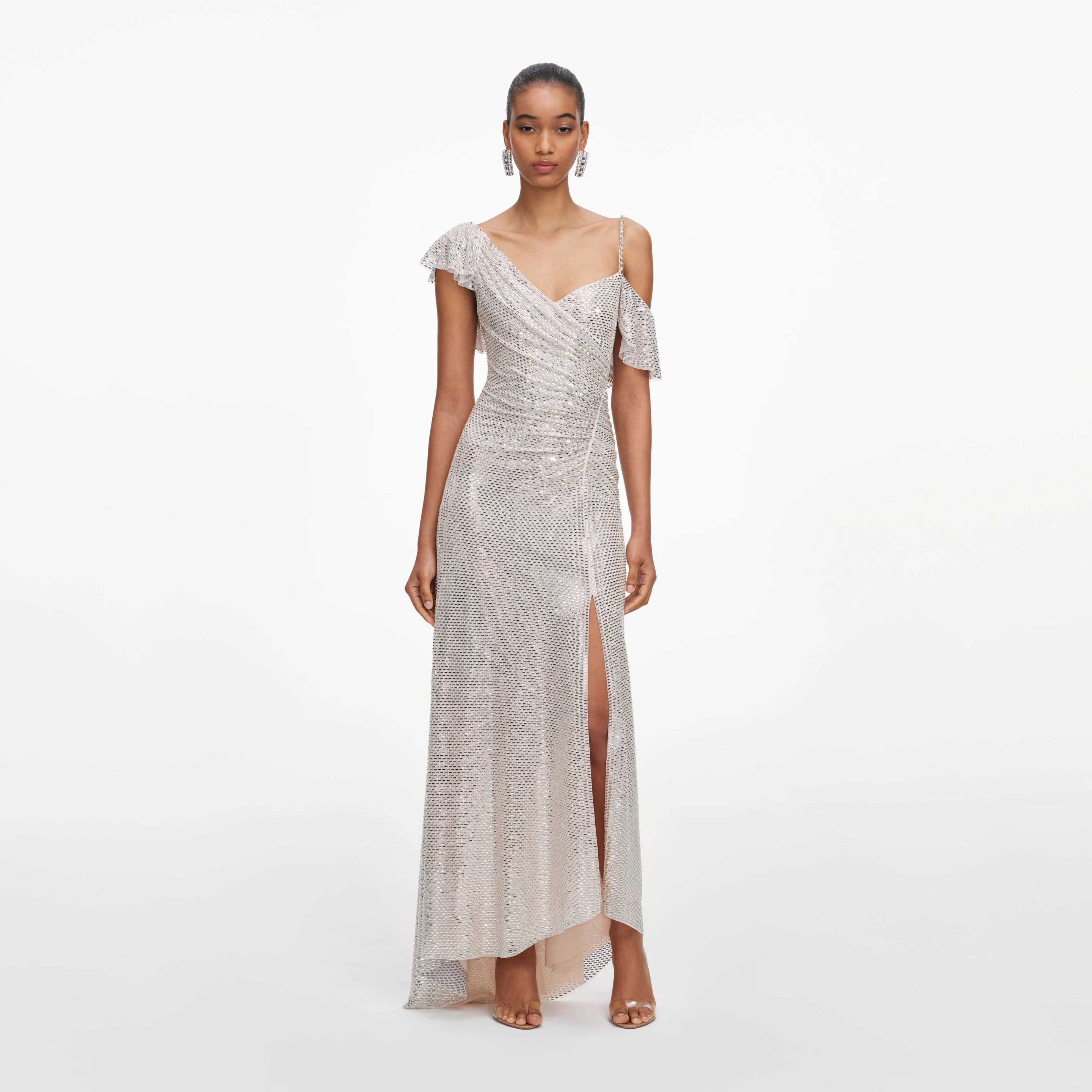 Champagne Rhinestone Ruffle Draped Maxi Dress - 1
