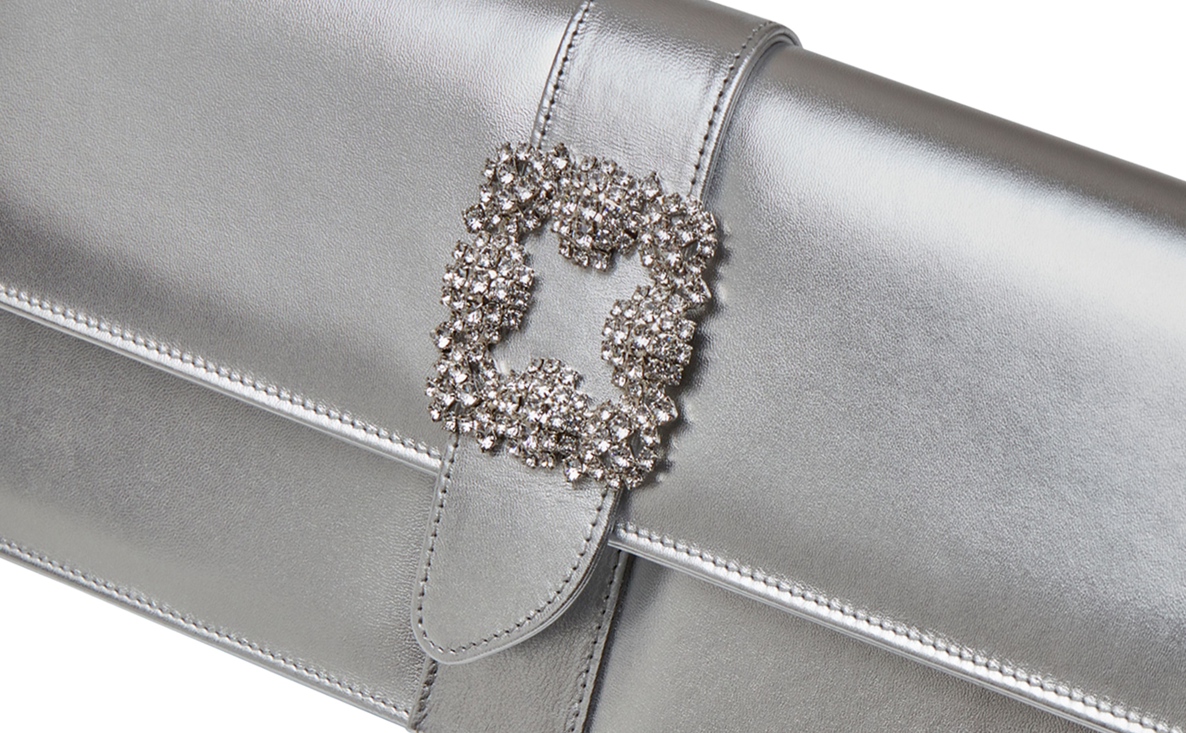 Silver Nappa Leather Jewel Buckle Clutch - 4