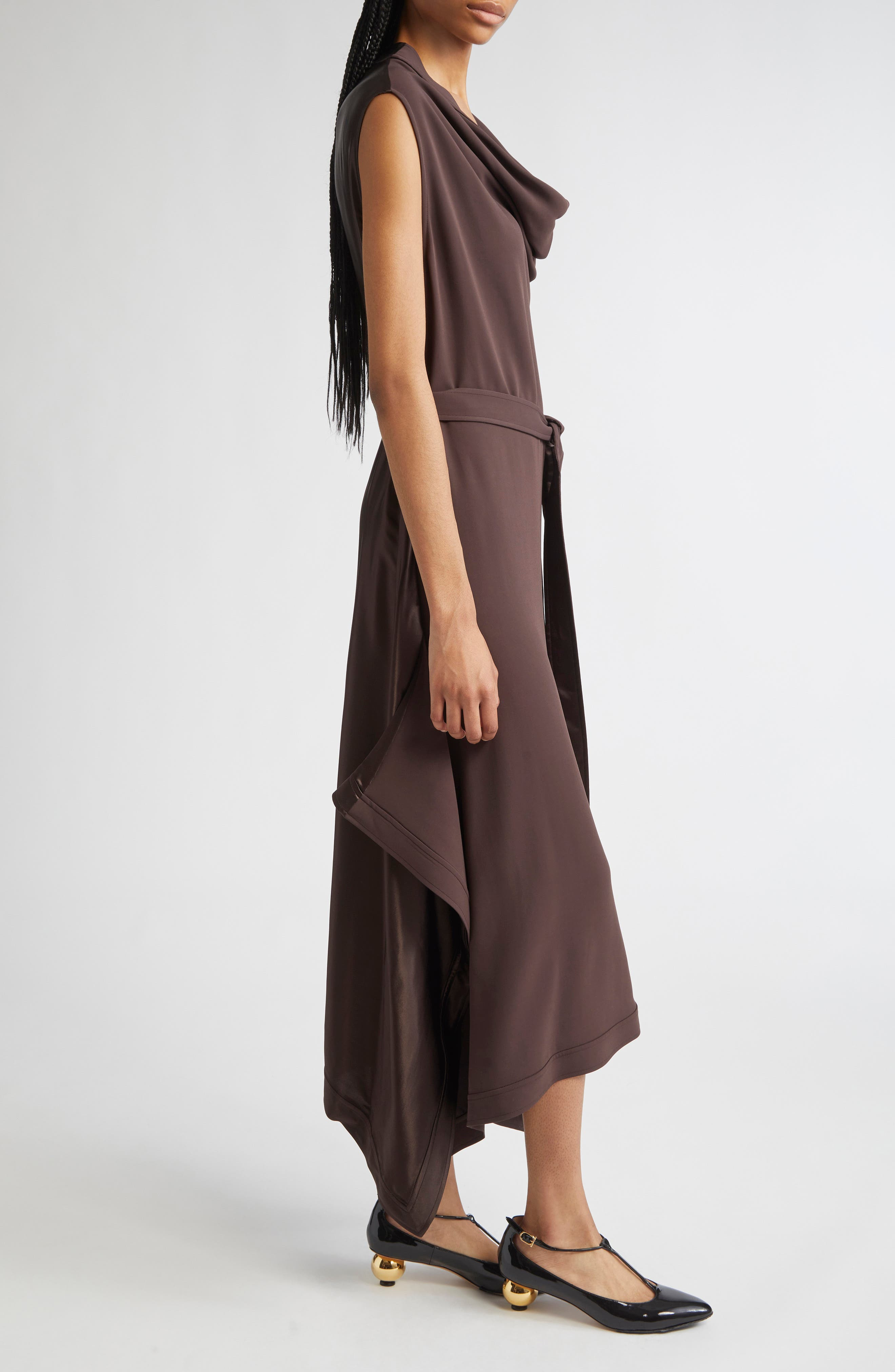 FERRAGAMO Belted Asymmetric Satin & Cady Dress in Expresso at Nordstrom - 3