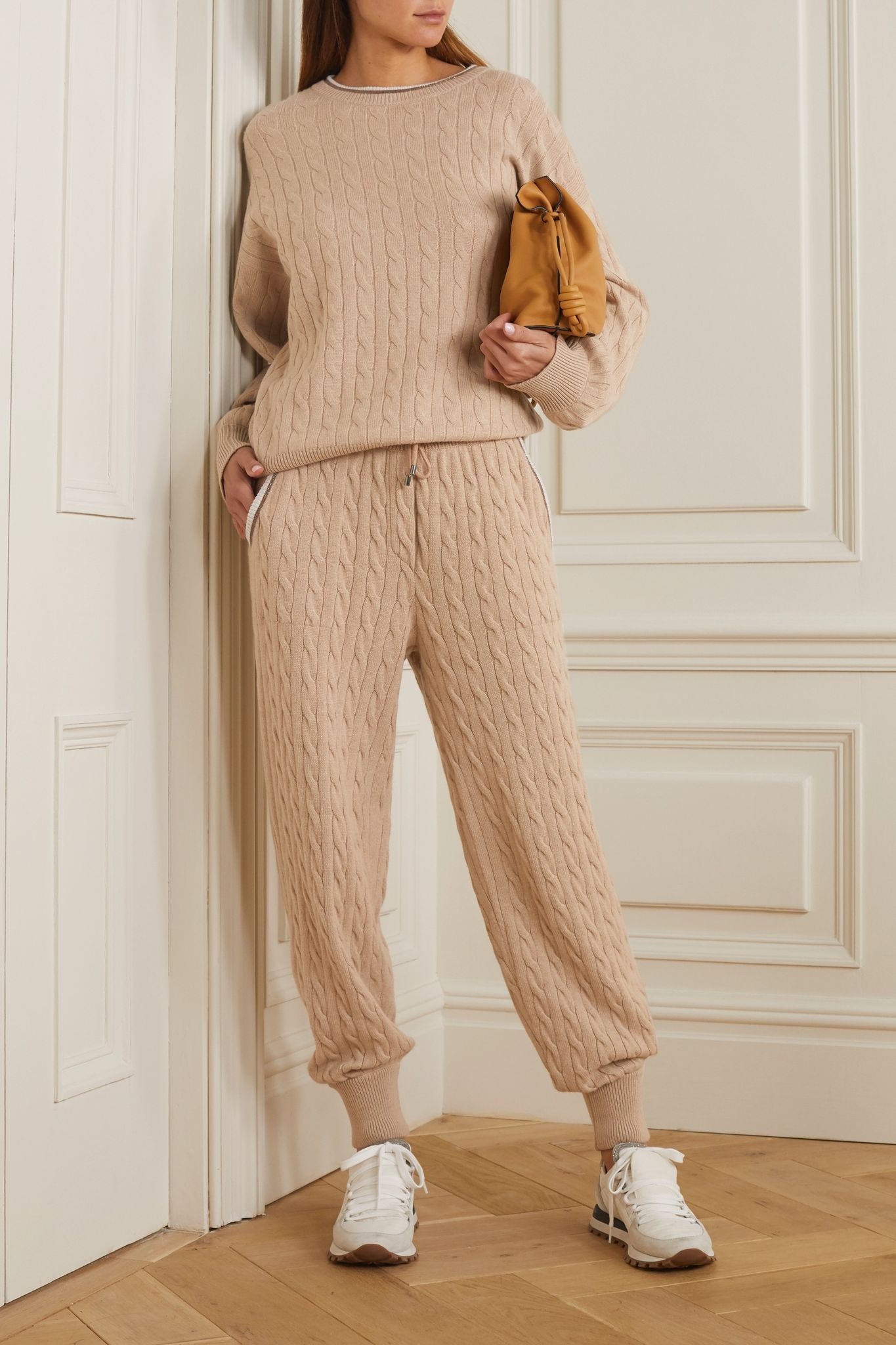 Bead-embellished cable-knit cashmere track pants  - 2