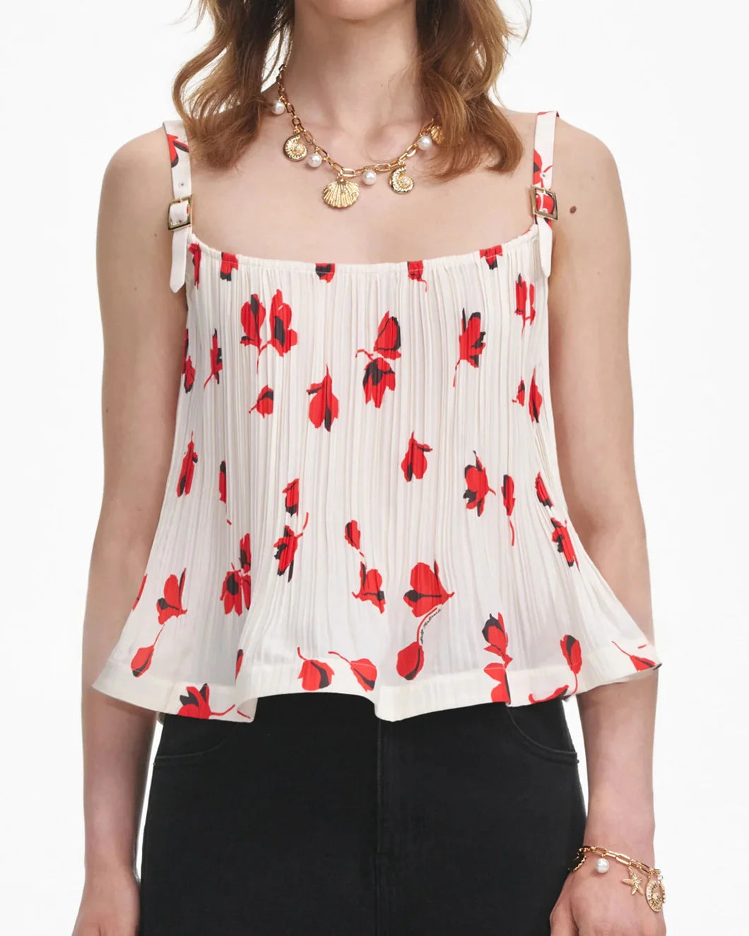 WHITE FLORAL PLISSE TOP - 5