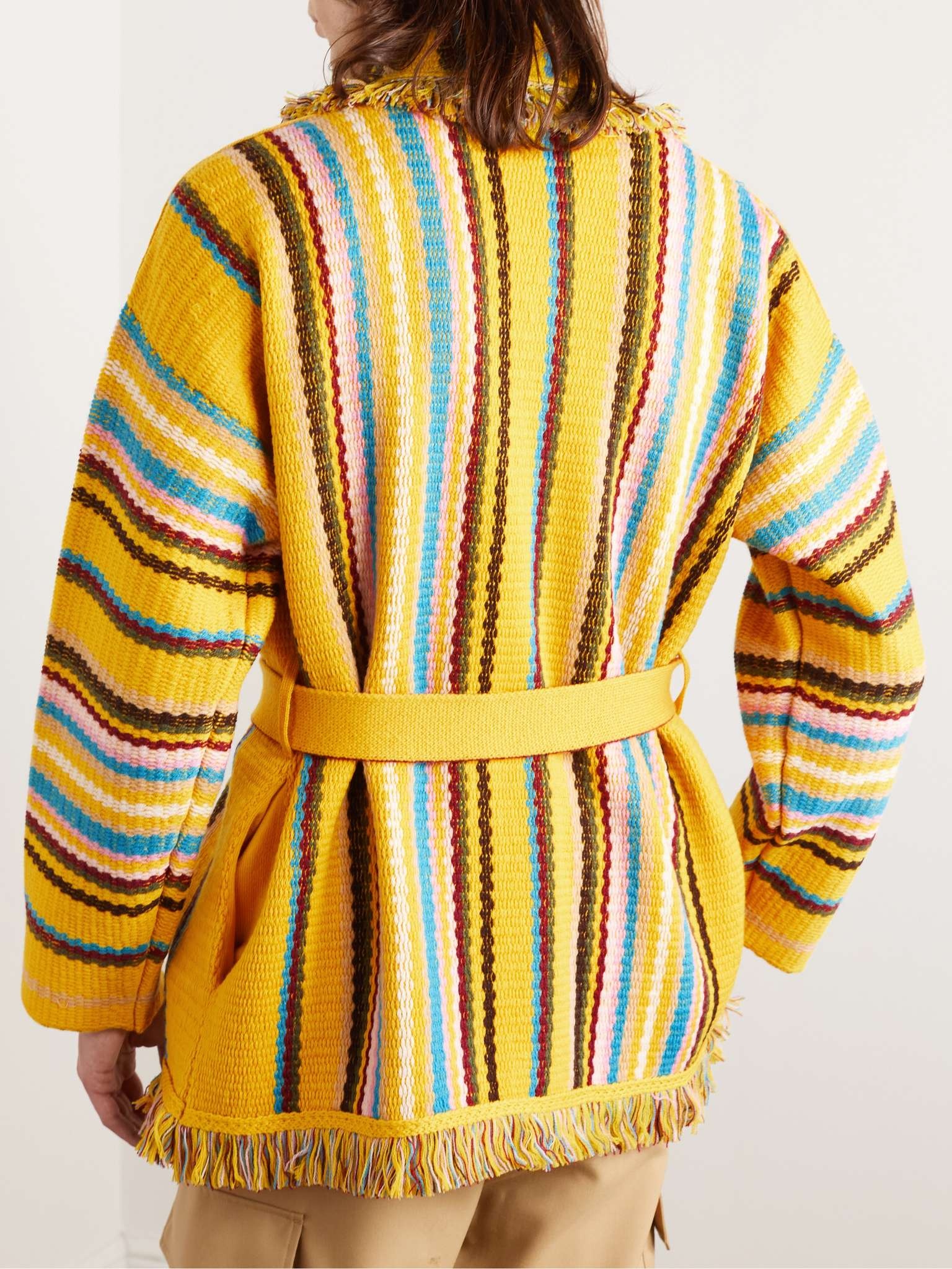Shawl-Collar Frayed Striped Wool Cardigan - 4