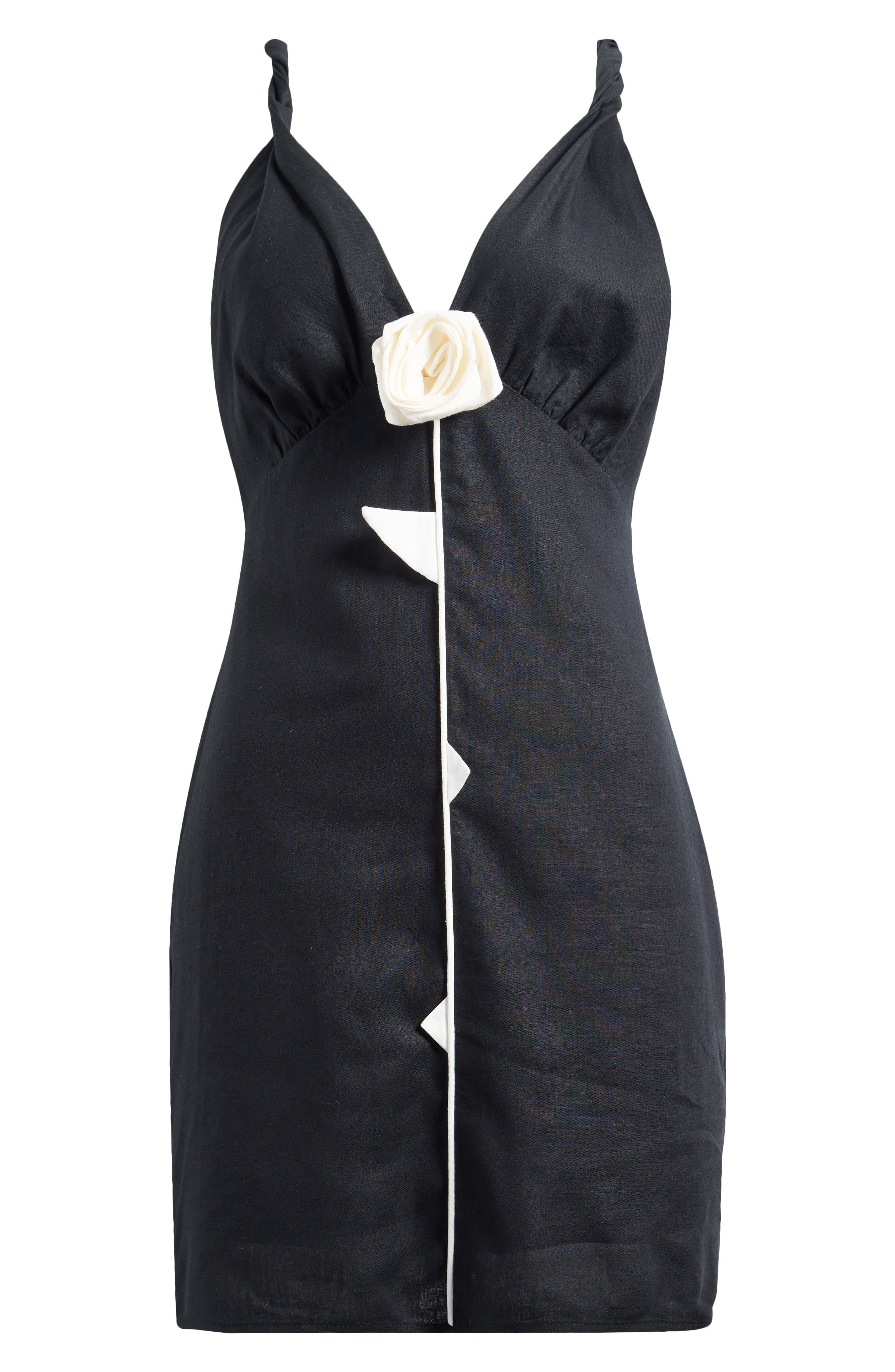 FARM Rio Rose Pipe Detail Sleeveless Linen Blend Sheath Minidress in Black at Nordstrom - 5