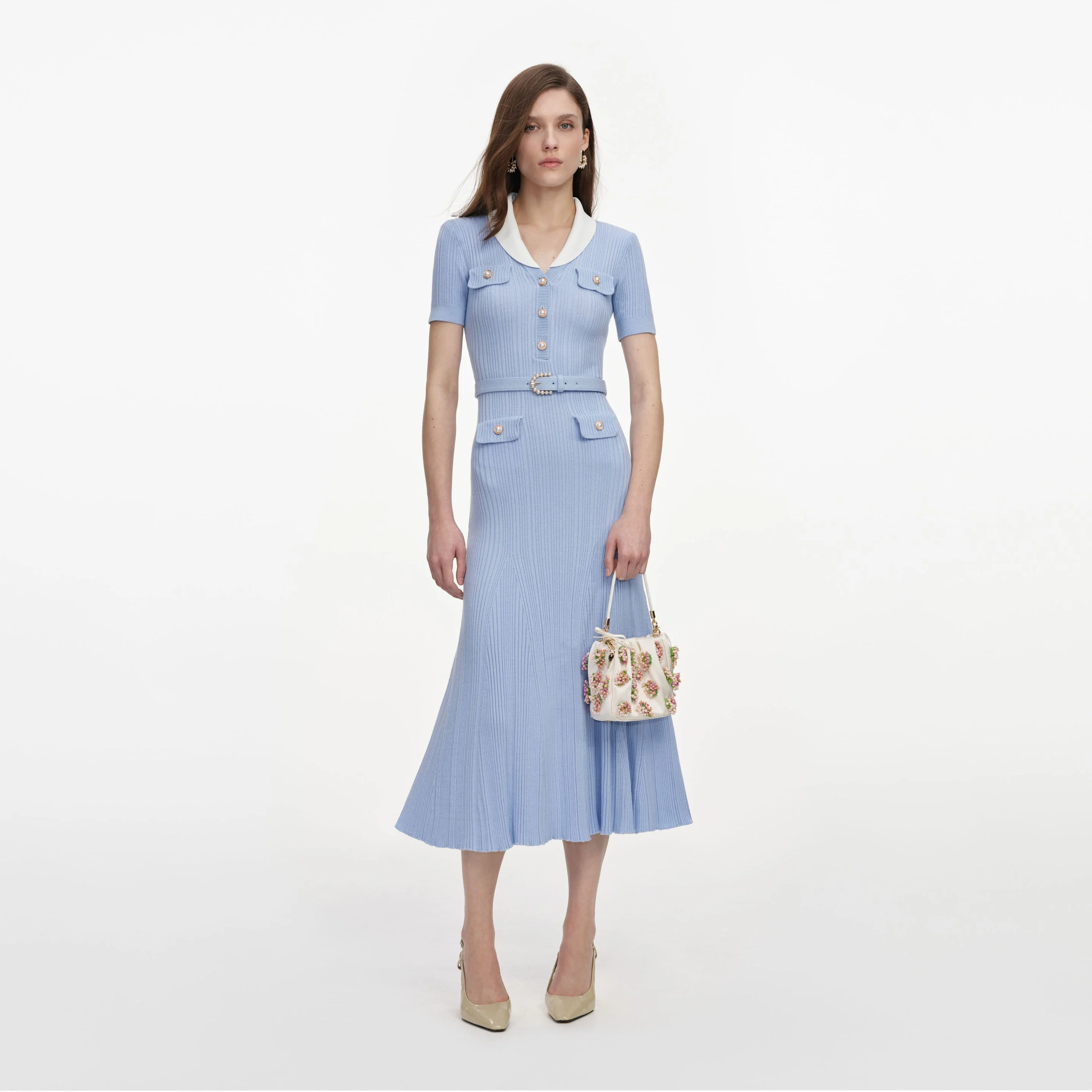 Blue Ribbed Knit Midi Dress - 1