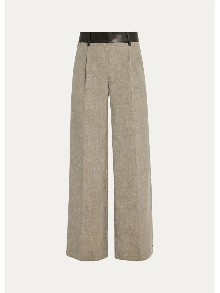 Tropical Wool Leather-Waisted Wide-Leg Trousers - 1