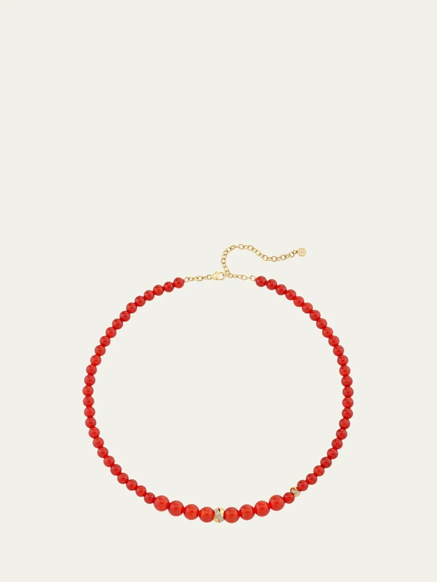 14K Diamond Tri-Linked Rondelle on Red Carnelian Necklace - 1