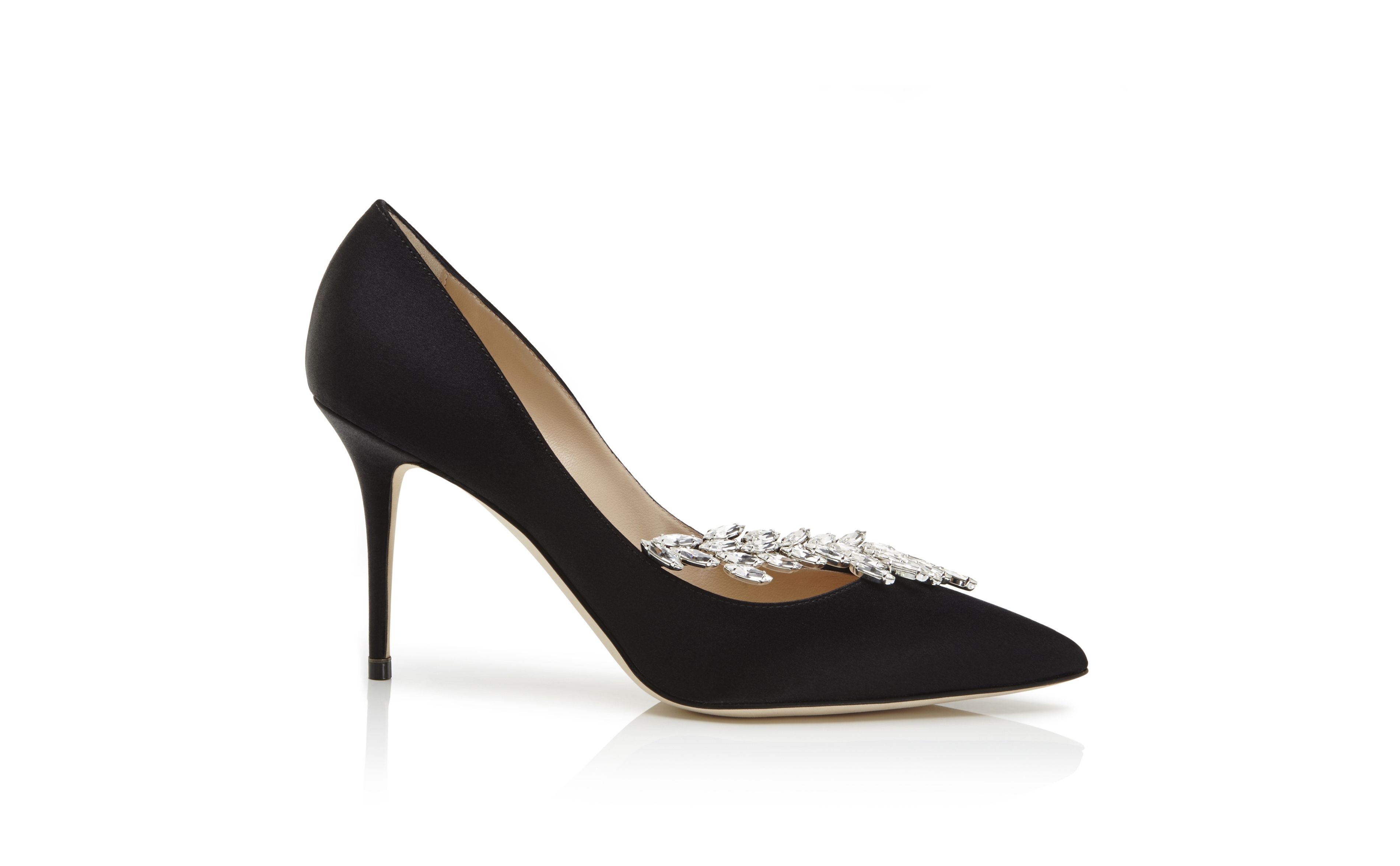 Black Satin Jewel Buckle Pumps - 1