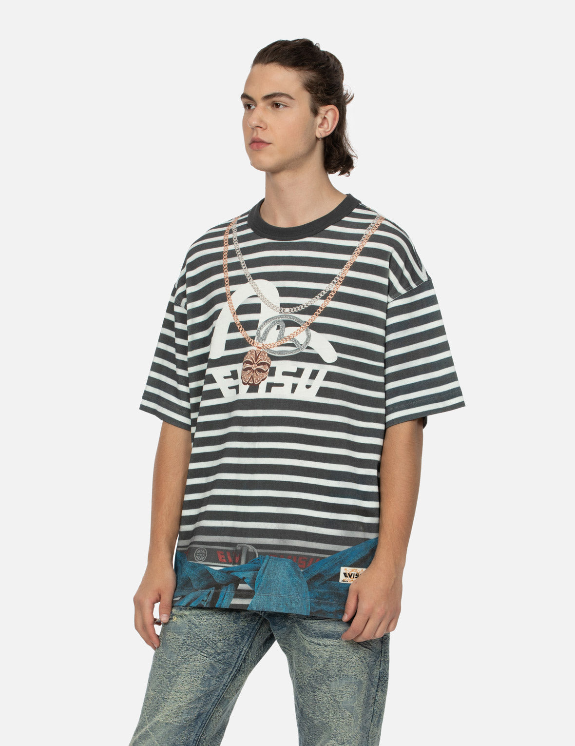 TROMPE-L'OEIL AND SEAGULL PRINT LOOSE FIT STRIPE T-SHIRT - 7