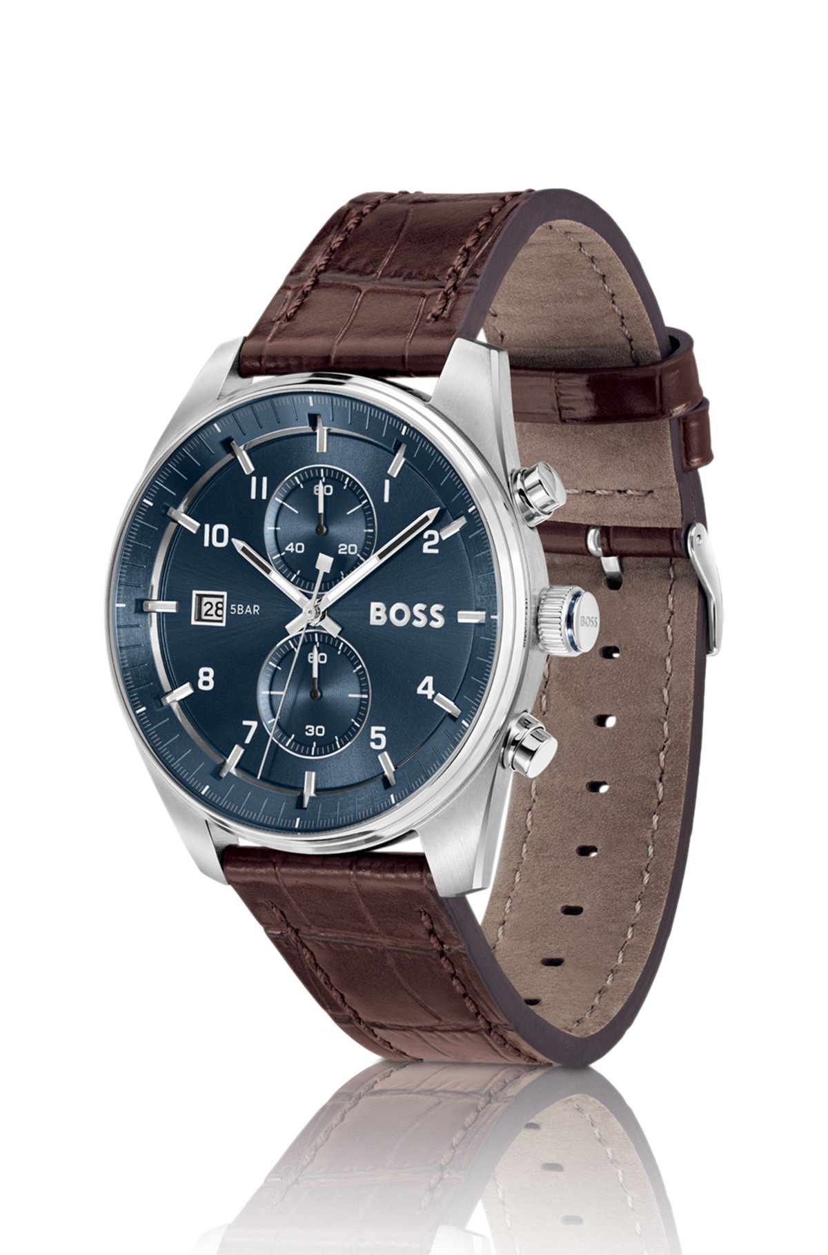 BLUE-DIAL CHRONOGRAPH WATCH WITH ALLIGATOR-EMBOSSED LEATHER STRAP - 2