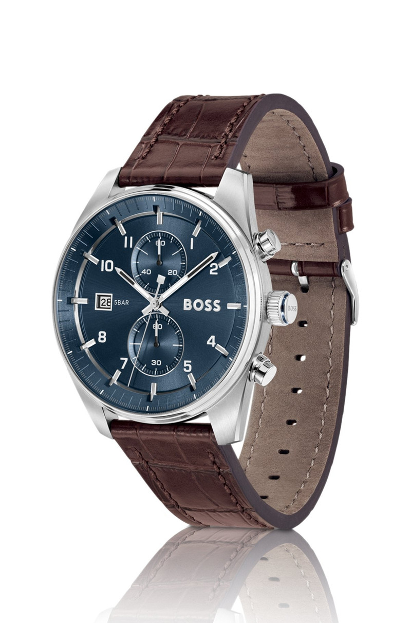 BOSS BLUE-DIAL CHRONOGRAPH WATCH WITH ALLIGATOR-EMBOSSED LEATHER STRAP outlook