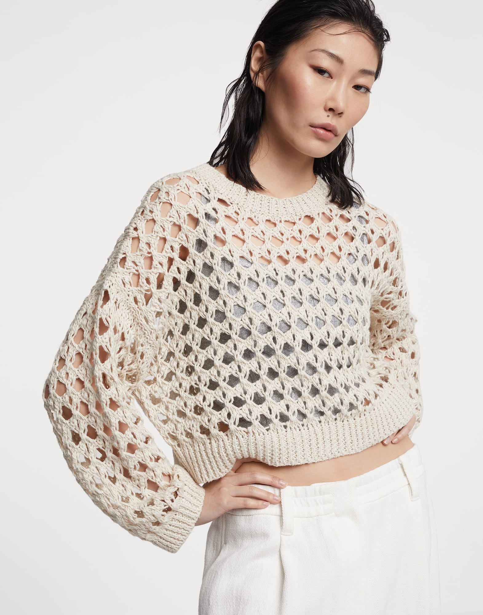 Jute and cotton cropped mesh sweater - 1