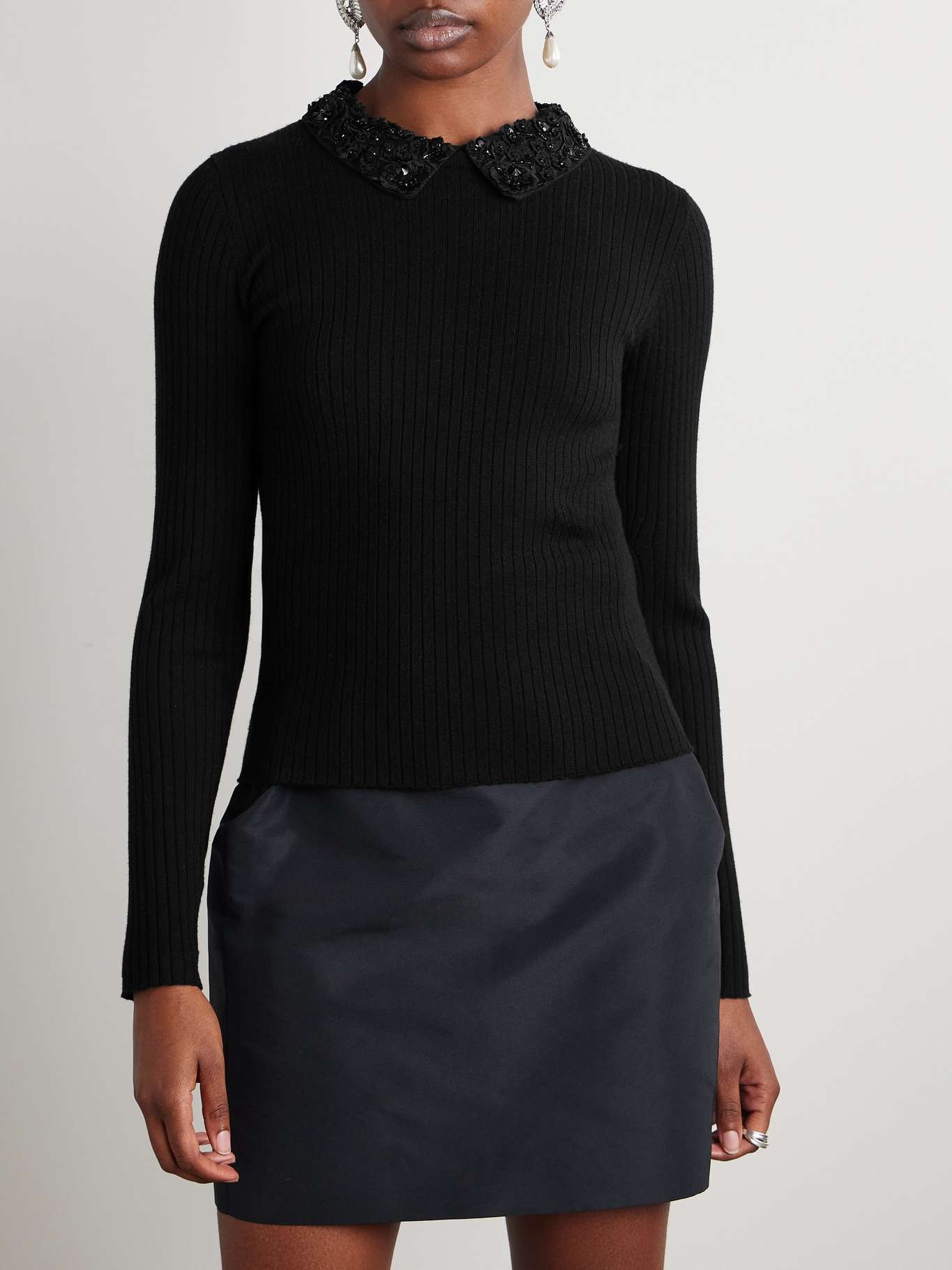 Convertible embellished crochet-trimmed ribbed wool sweater Black - 3