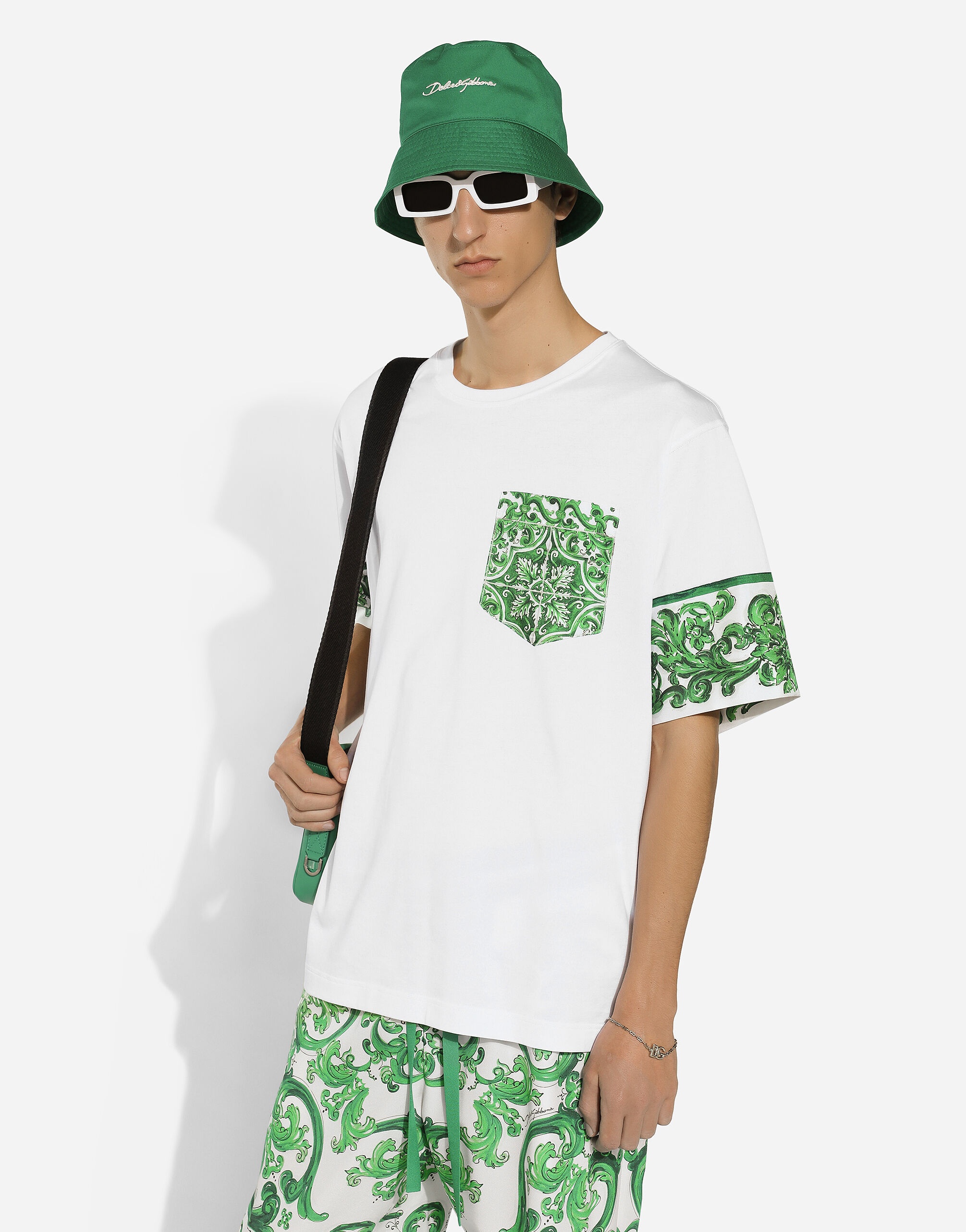 Cotton T-shirt with majolica-print breast pocket - 4