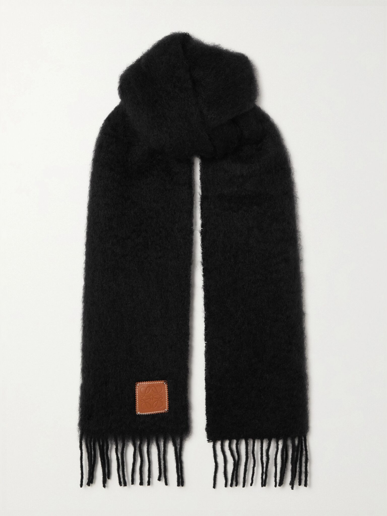 Fringed leather-trimmed mohair-blend scarf Black - 1