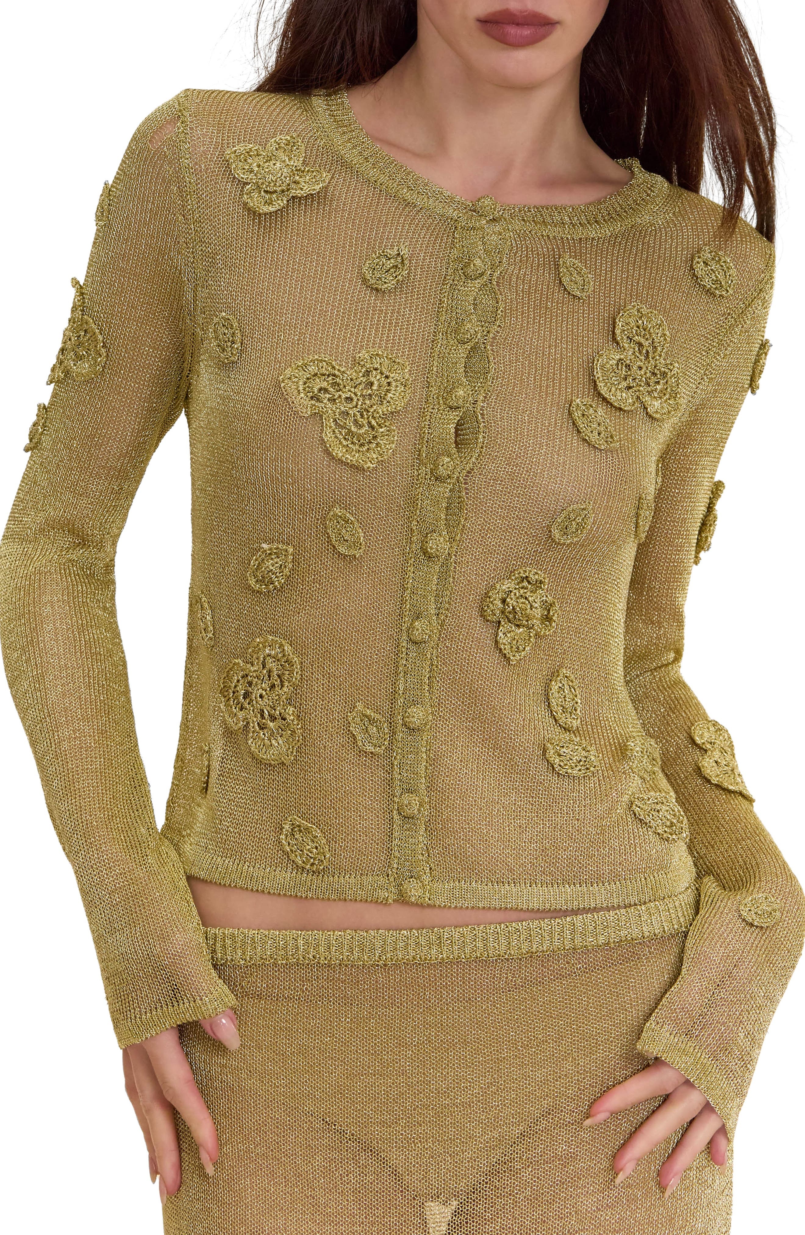 Cult Gaia Kash Sheer Floral Cardigan in Gold at Nordstrom - 4