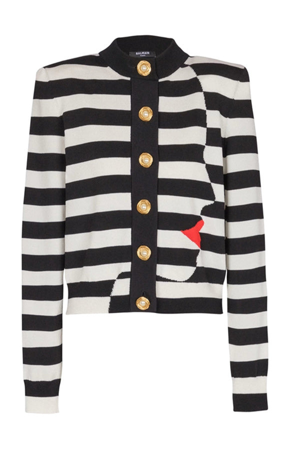 KNIT MARINIÈRE CARDIGAN WITH FACE MOTIF - 1