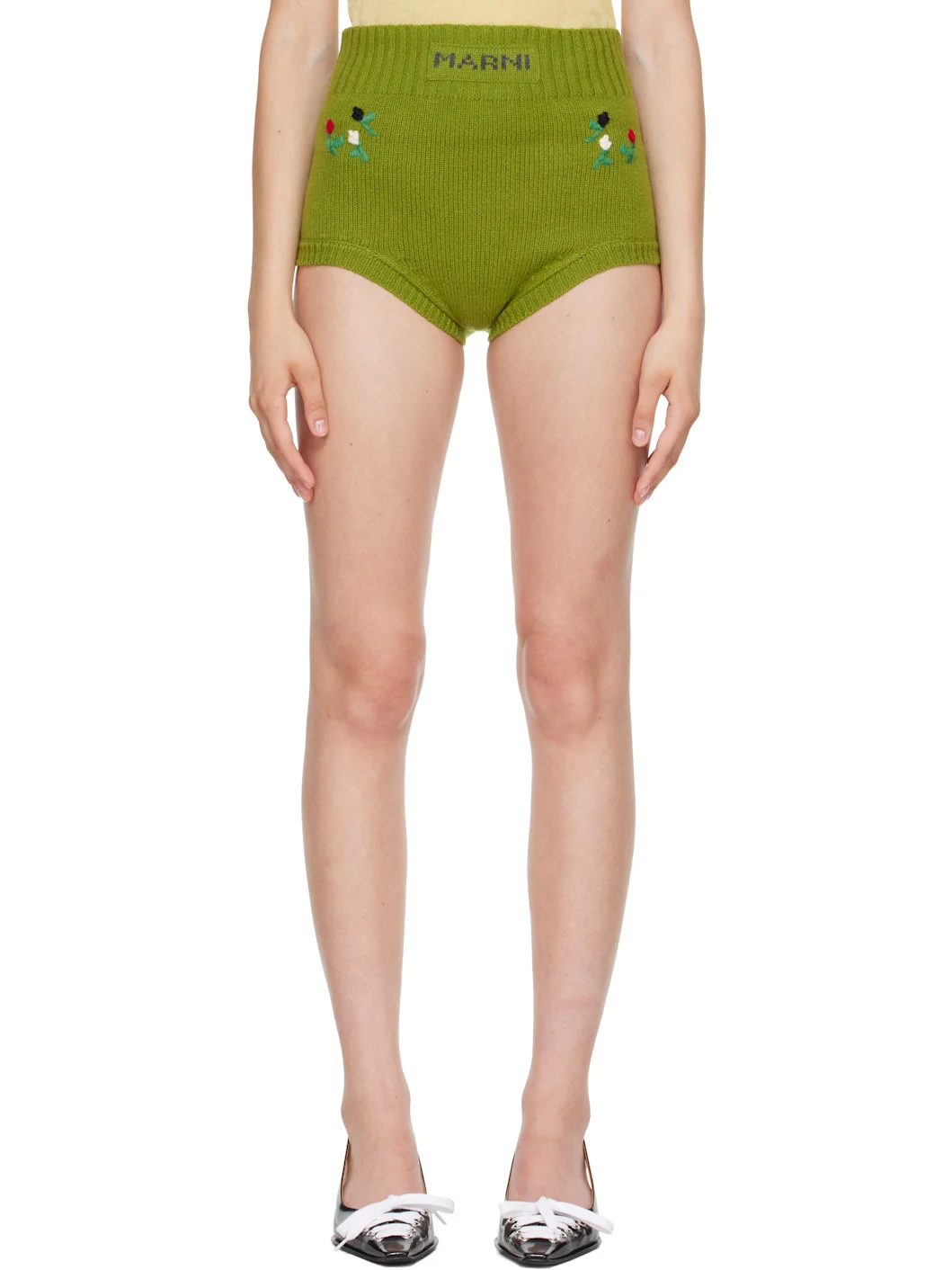 Green Wool-Cashmere Flower Embroidery Brief Shorts - 1