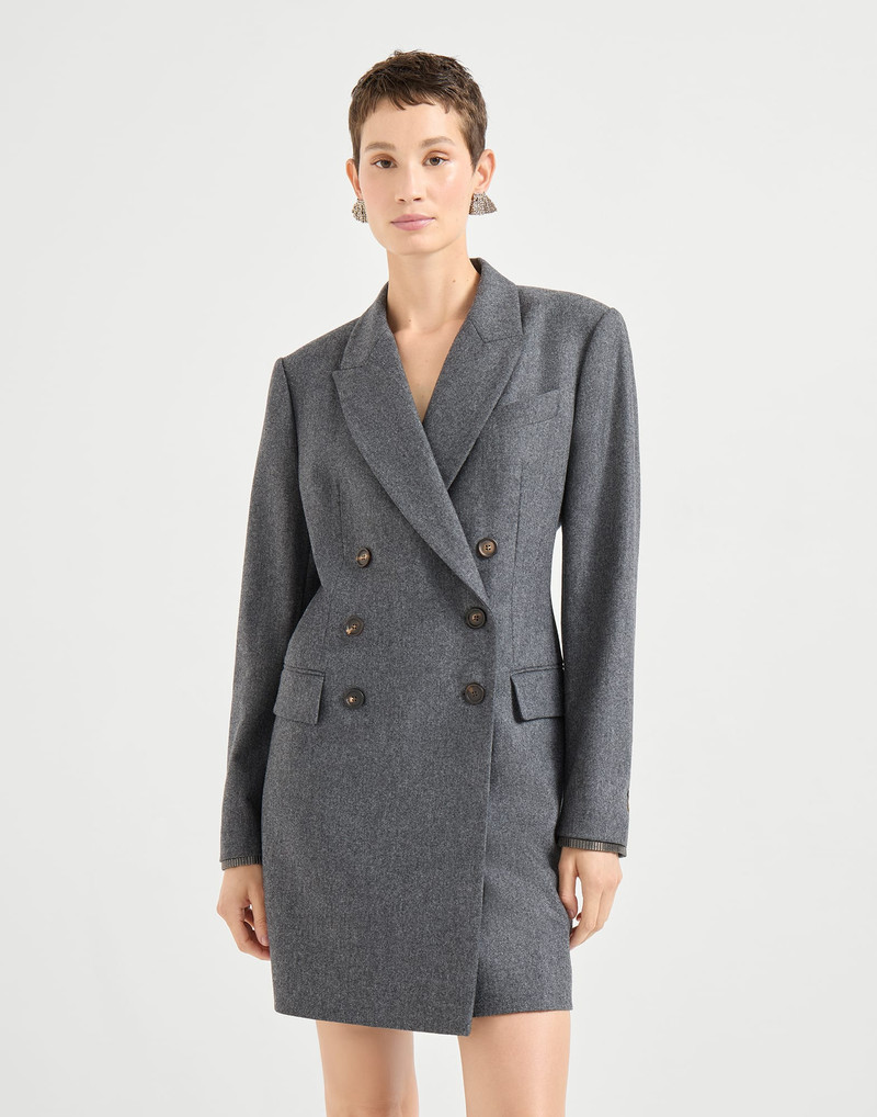 Virgin wool flannel blazer dress with shiny cuffs and pocket square 1