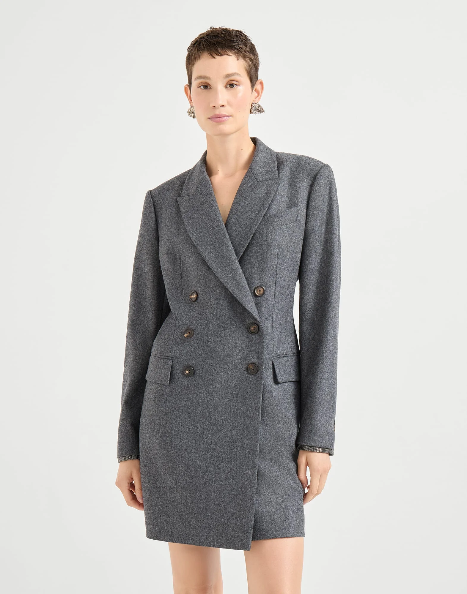 Virgin wool flannel blazer dress with shiny cuffs and pocket square - 1
